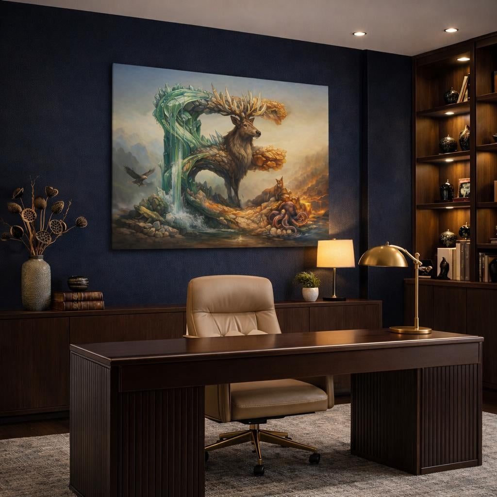 Mineral Flow Animal Alphabet shown as canvas wall art in a refined dining room