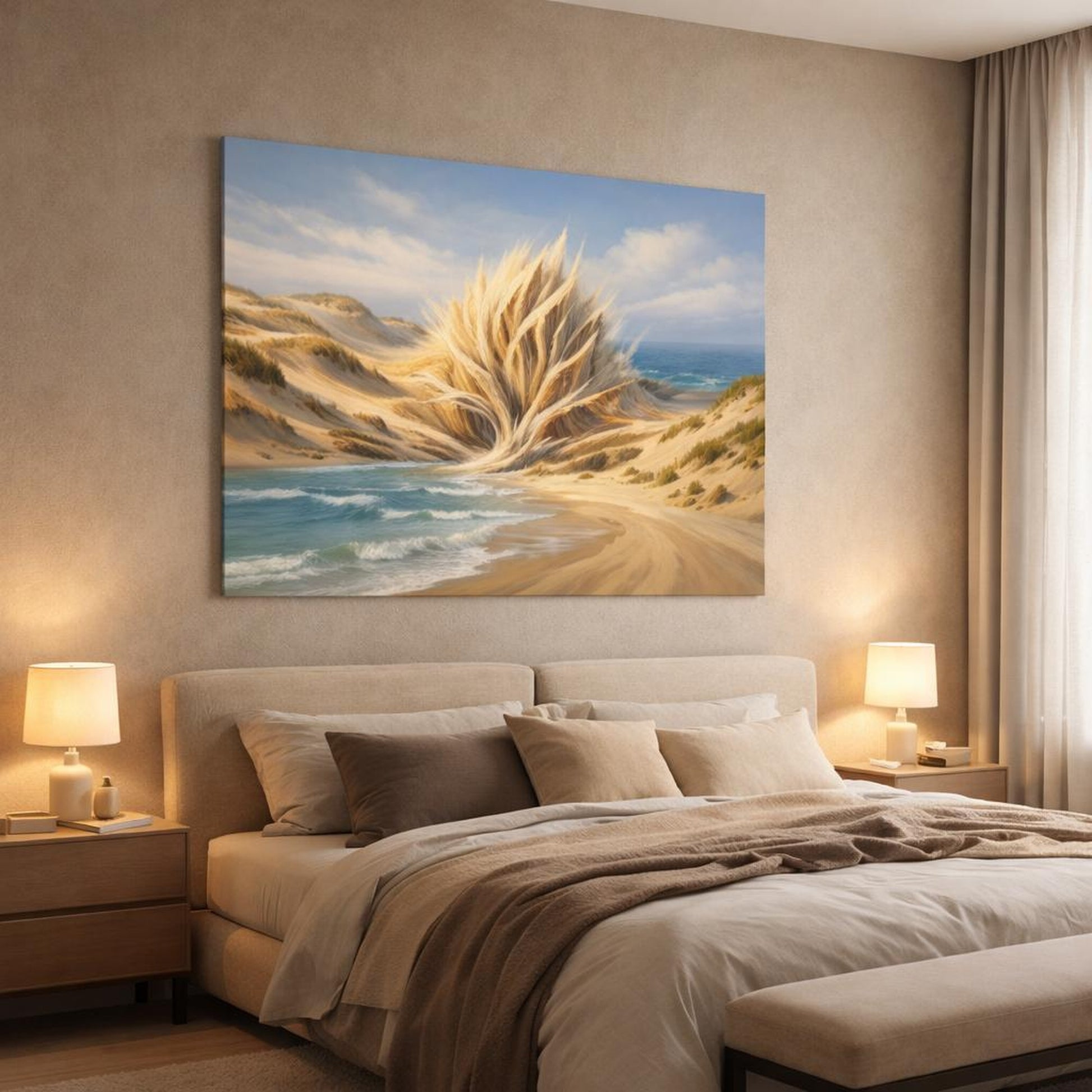 Mineral Flow Beach Dunes shown as canvas wall art in a luxury bedroom