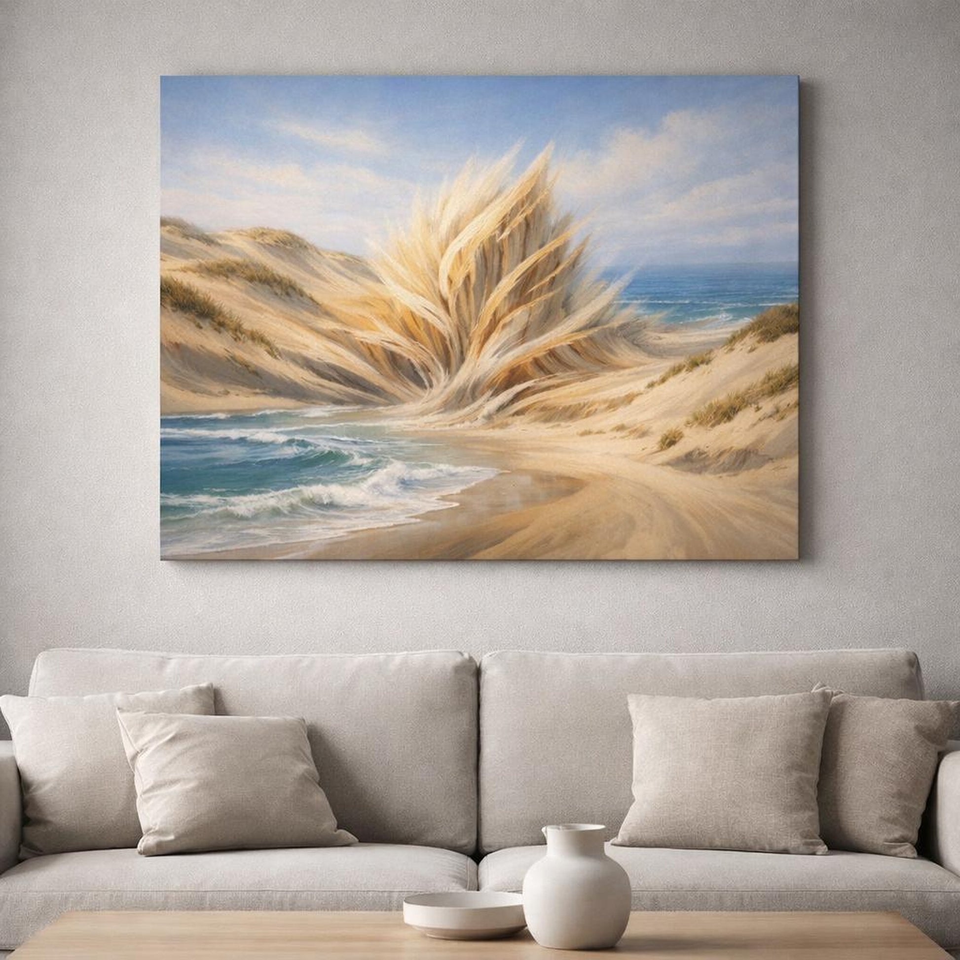 Mineral Flow Beach Dunes shown as canvas wall art in a refined dining room
