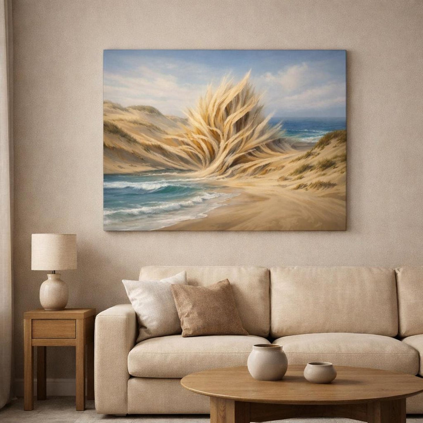 Mineral Flow Beach Dunes shown as canvas wall art in a modern living room