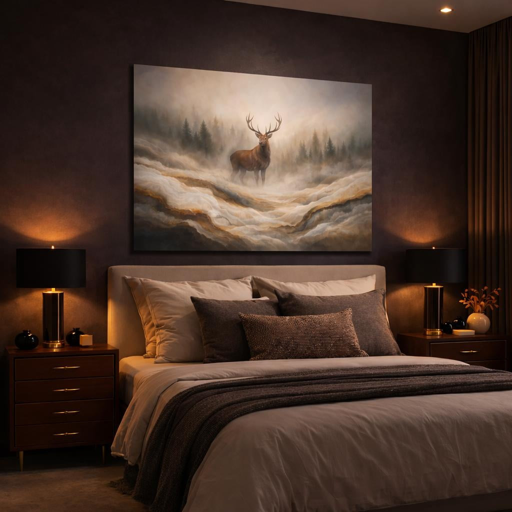 Mineral Flow Deer Forest shown as canvas wall art in a luxury bedroom