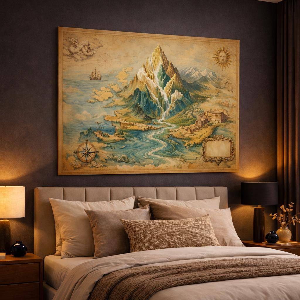 Mineral Flow Europe Antique Map shown as canvas wall art in a luxury bedroom