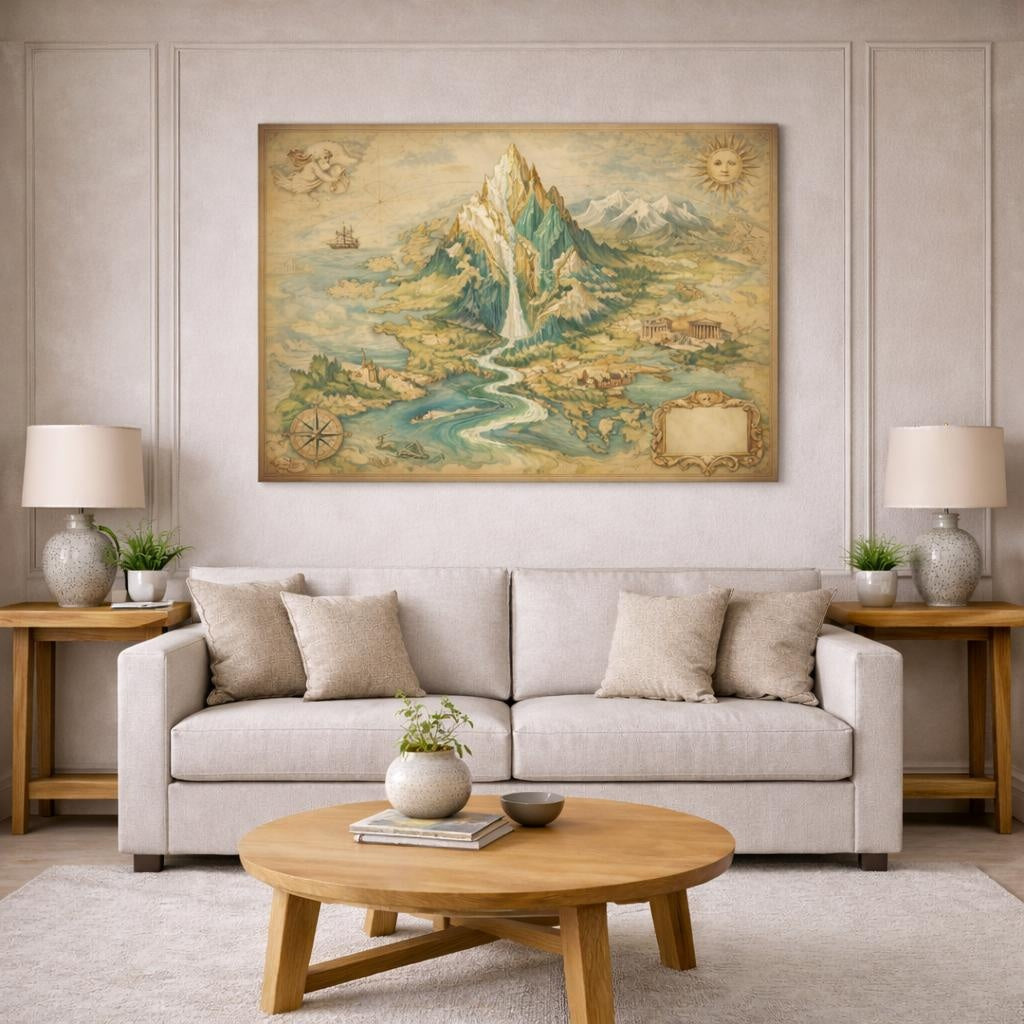 Mineral Flow Europe Antique Map shown as canvas wall art in a modern living room
