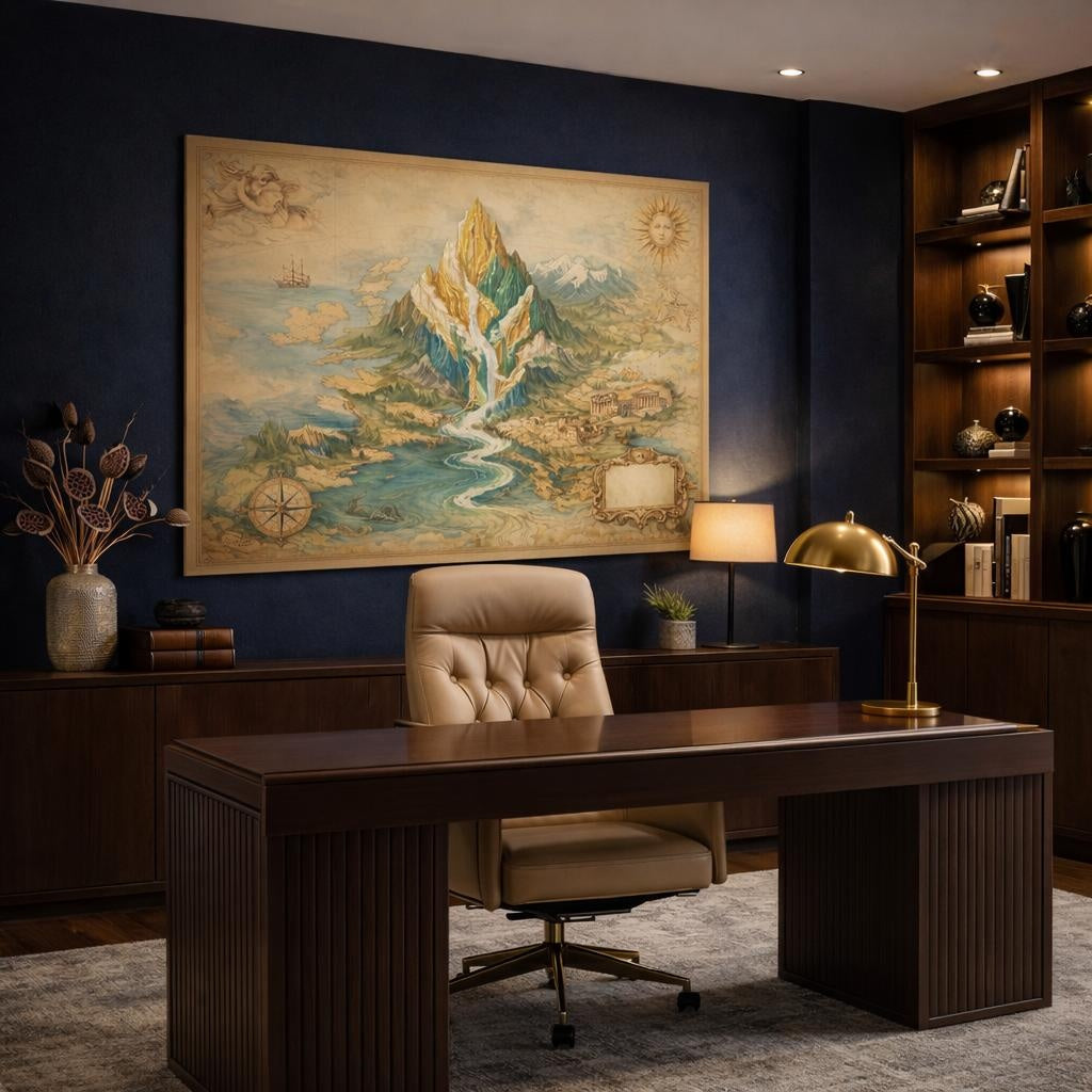 Mineral Flow Europe Antique Map shown as canvas wall art in a refined dining room