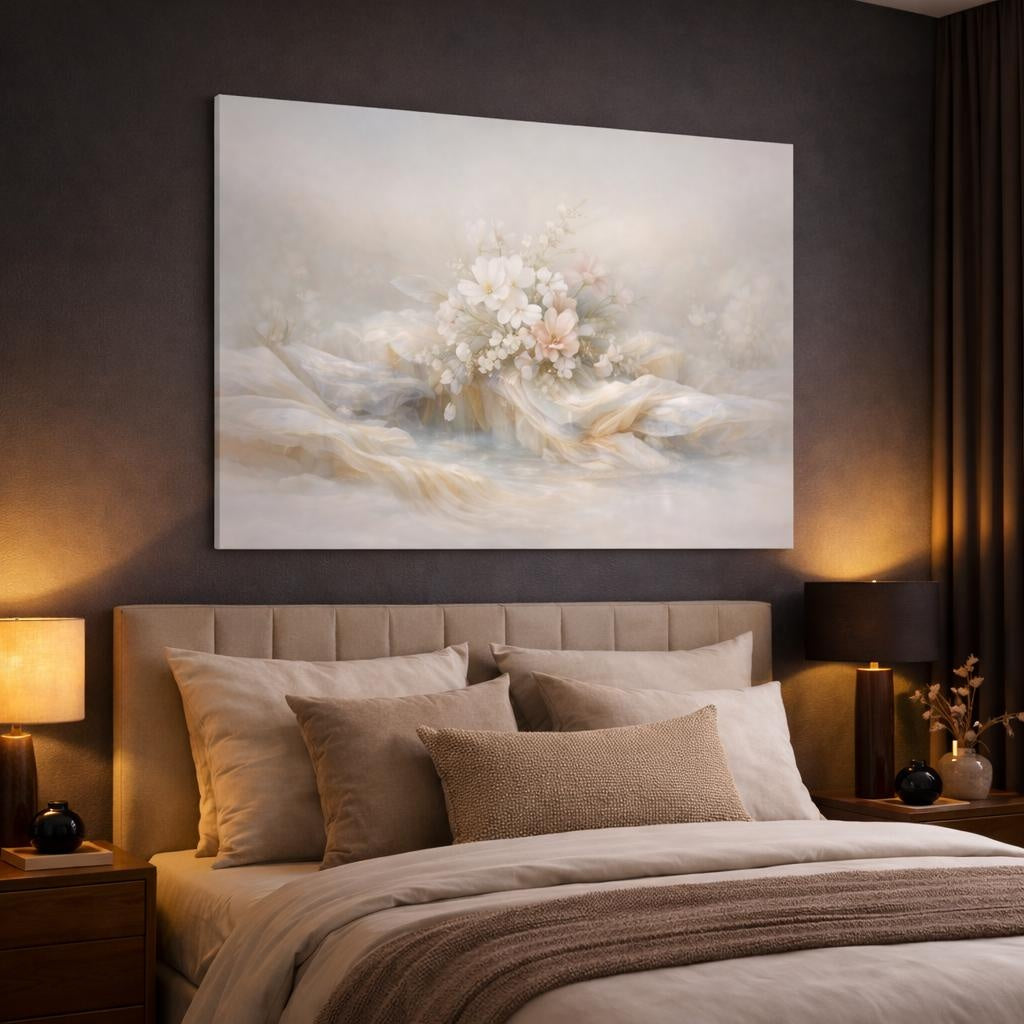 Mineral Flow Flower Delicate shown as canvas wall art in a luxury bedroom
