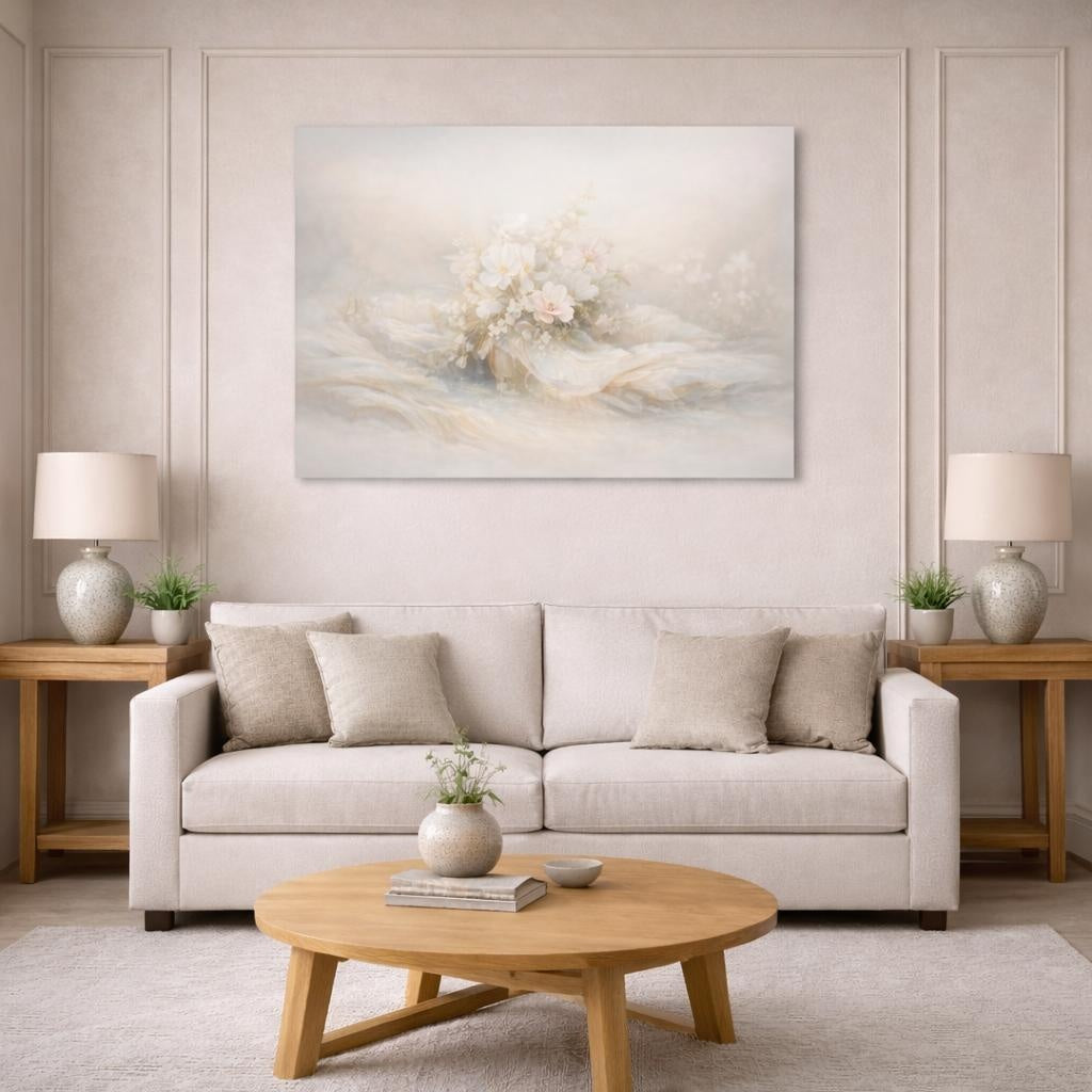 Mineral Flow Flower Delicate shown as canvas wall art in a modern living room