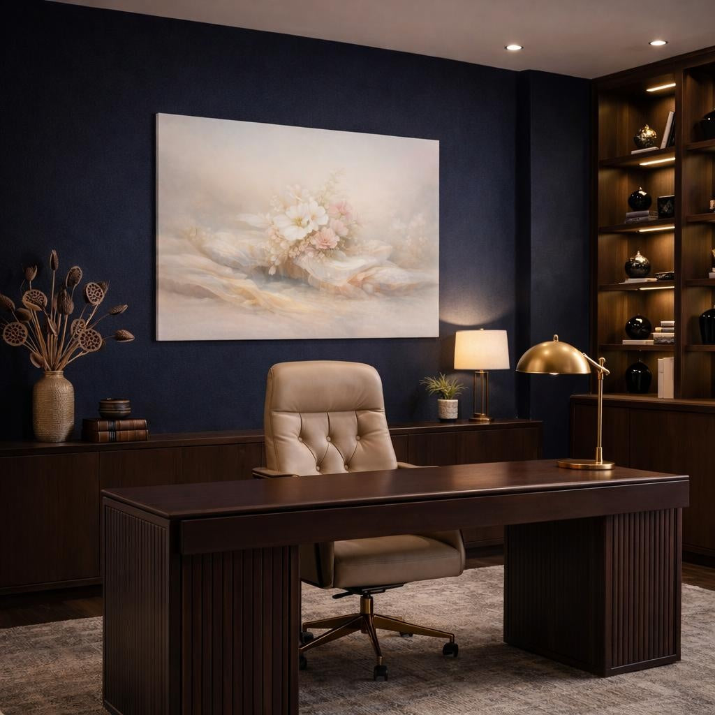 Mineral Flow Flower Delicate shown as canvas wall art in a refined dining room