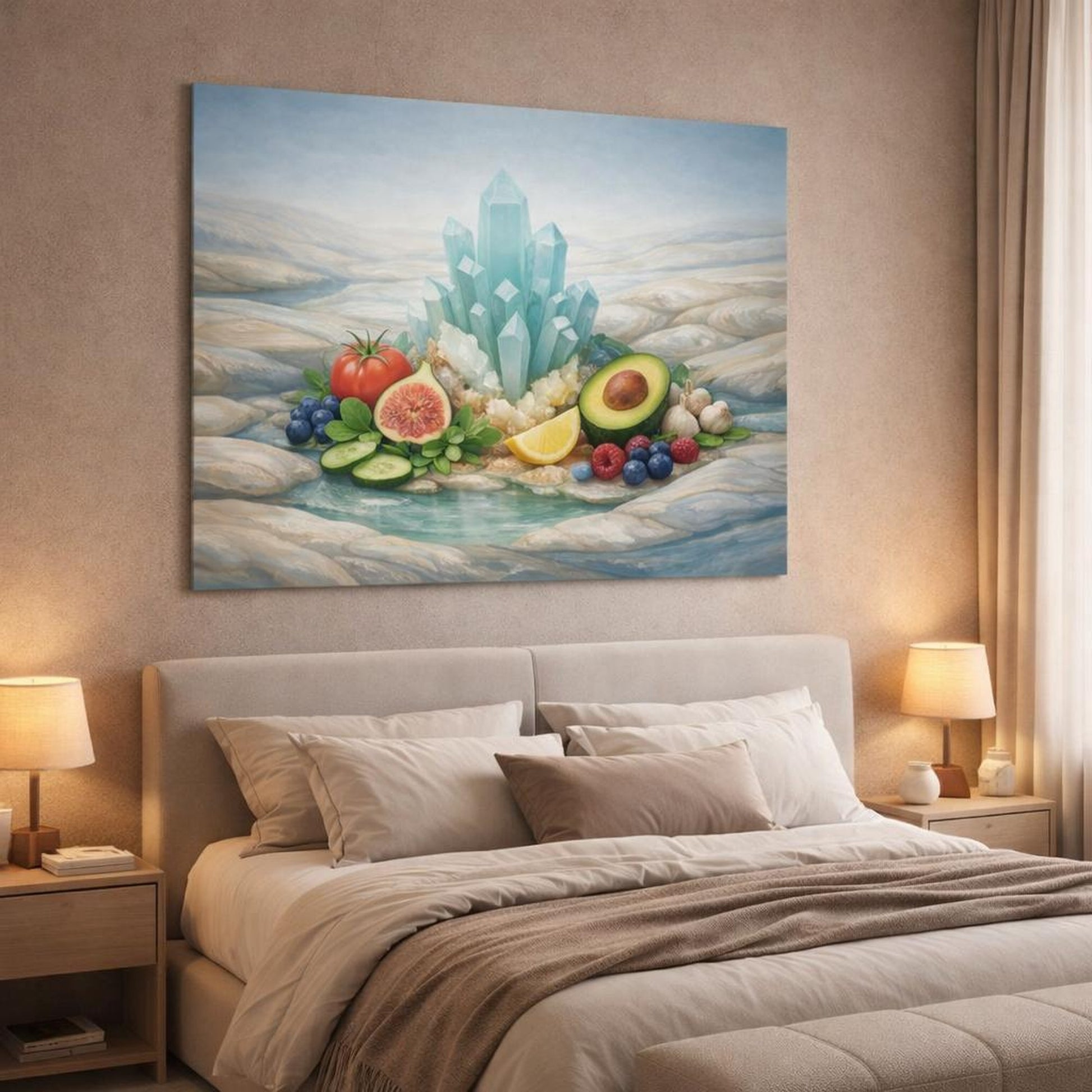 Mineral Flow Fresh Produce shown as canvas wall art in a luxury bedroom