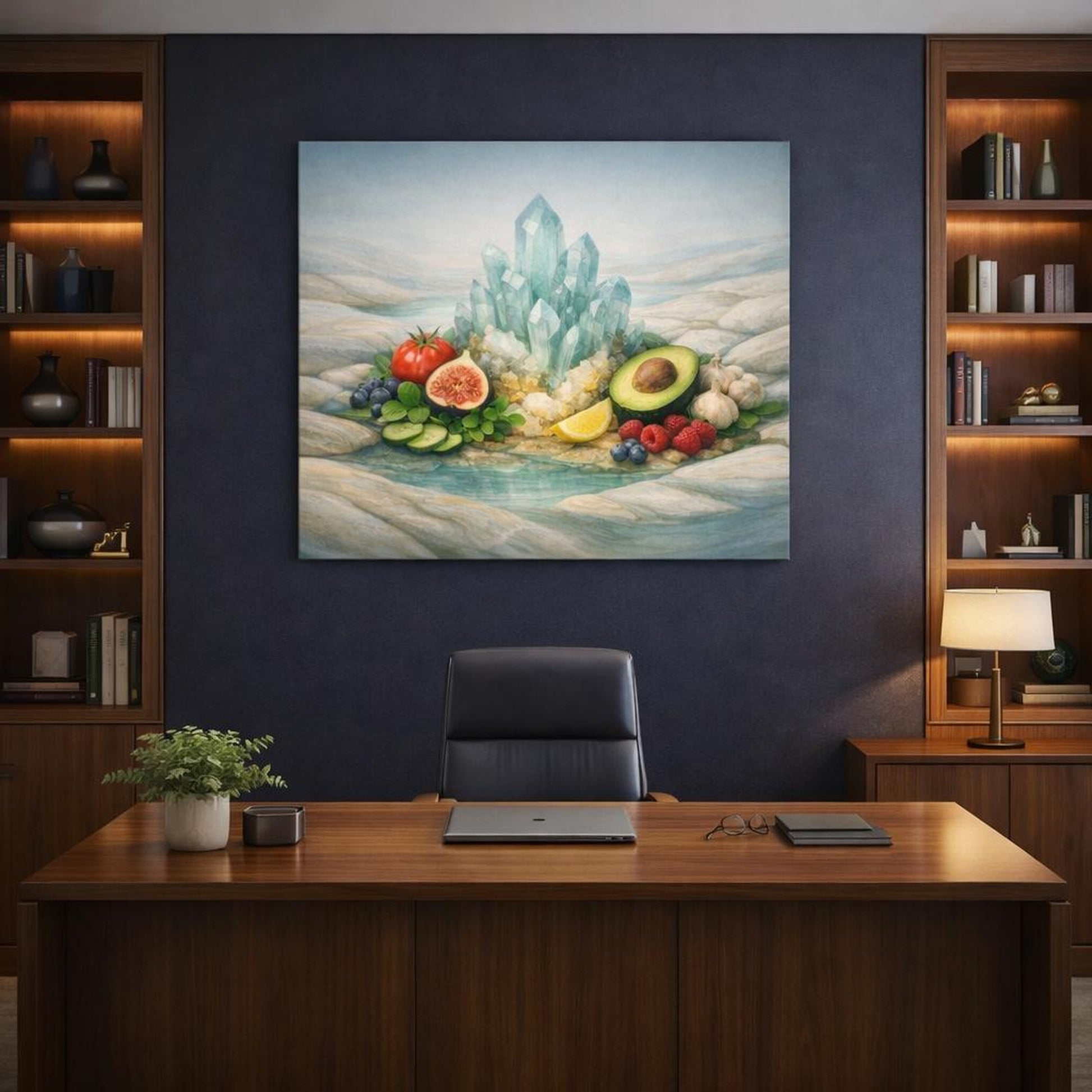 Mineral Flow Fresh Produce shown as canvas wall art in a refined dining room