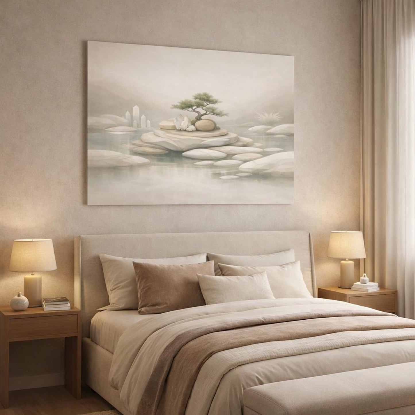 Mineral Flow Garden Neutral shown as canvas wall art in a luxury bedroom