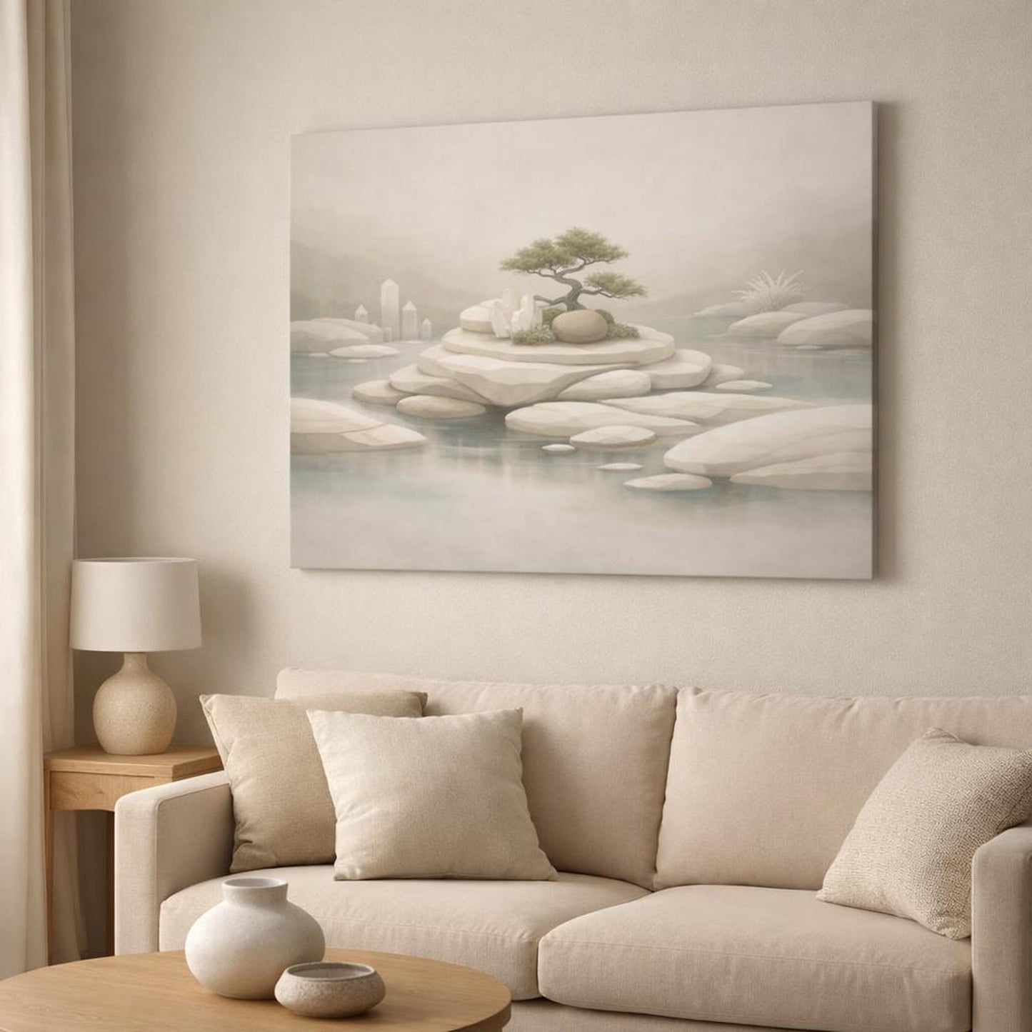 Mineral Flow Garden Neutral shown as canvas wall art in a modern living room