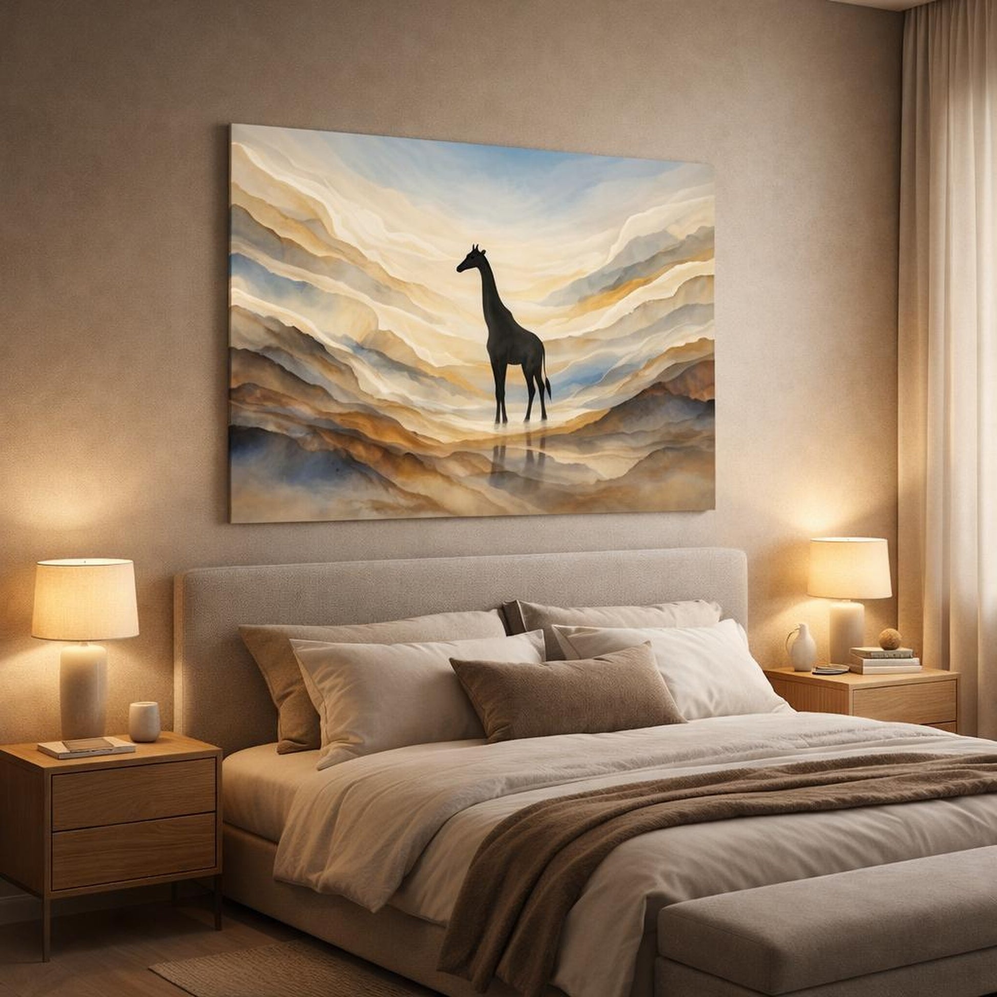 Mineral Flow Giraffe Silhouette shown as canvas wall art in a luxury bedroom