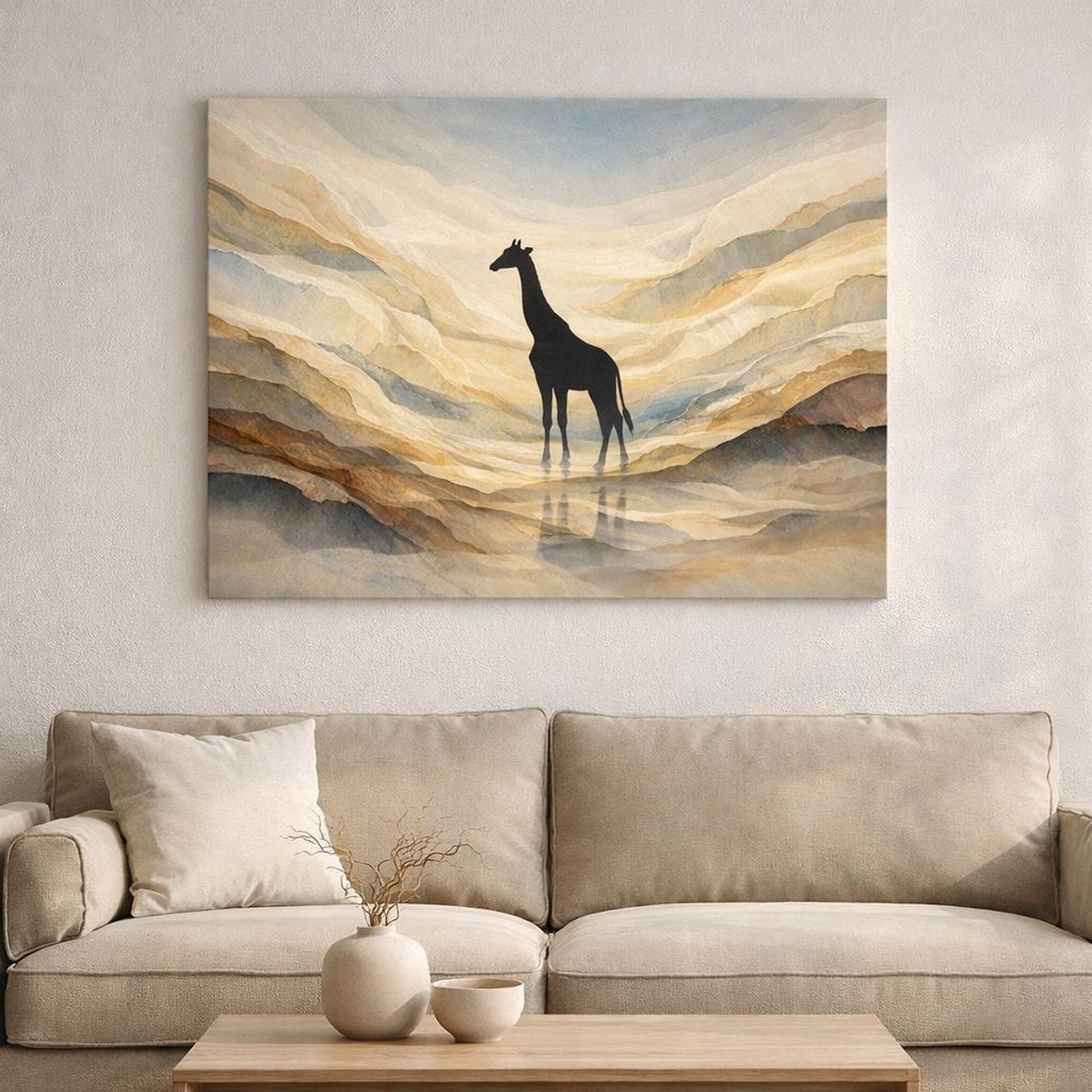 Mineral Flow Giraffe Silhouette shown as canvas wall art in a refined dining room