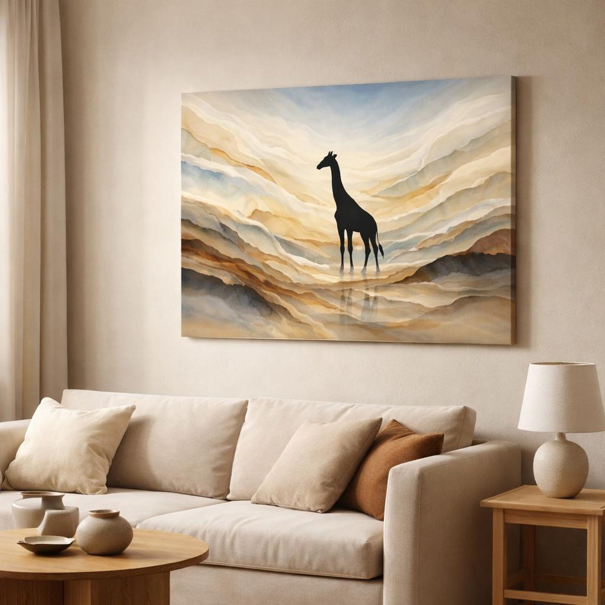 Mineral Flow Giraffe Silhouette shown as canvas wall art in a modern living room