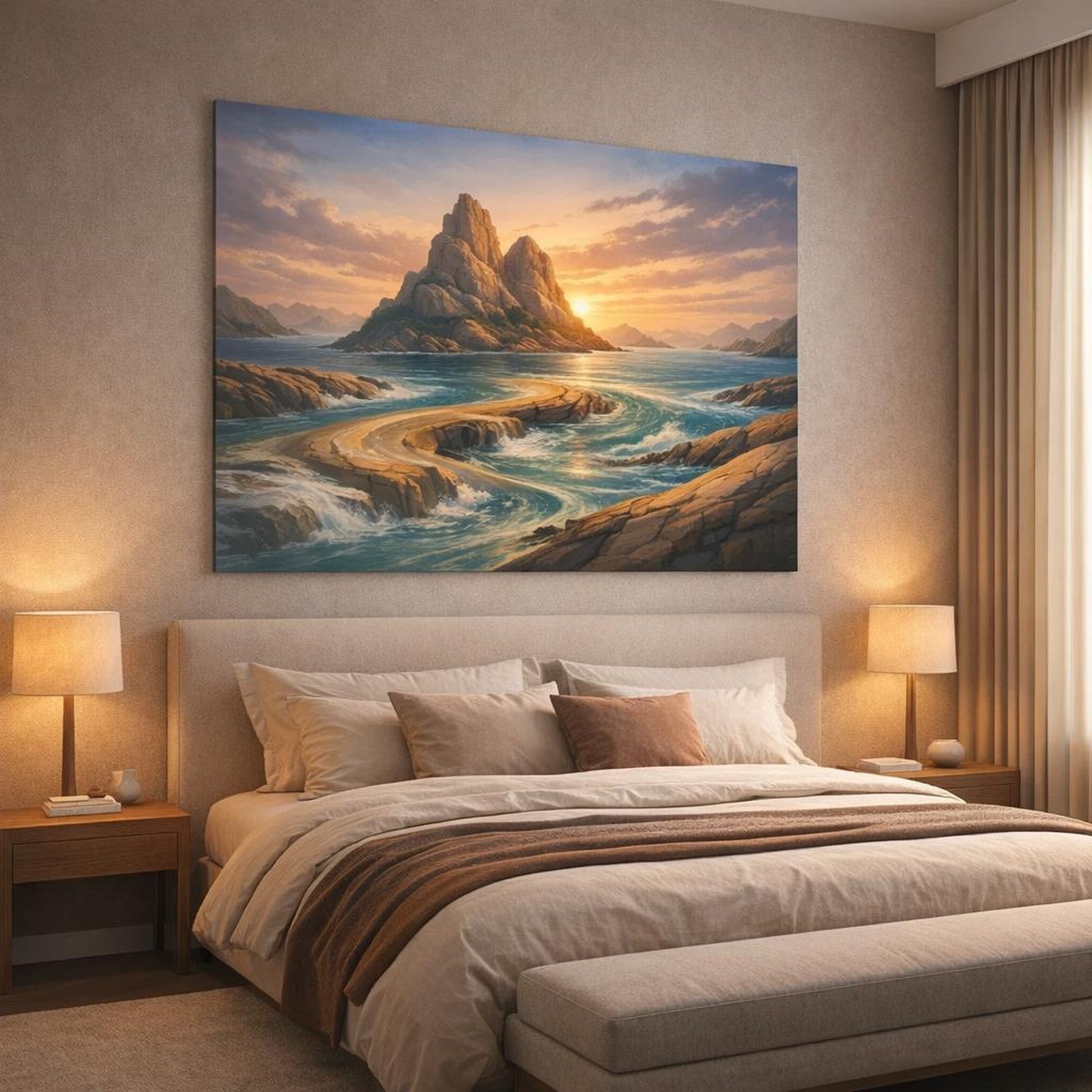 Mineral Flow Island Sunset shown as canvas wall art in a luxury bedroom