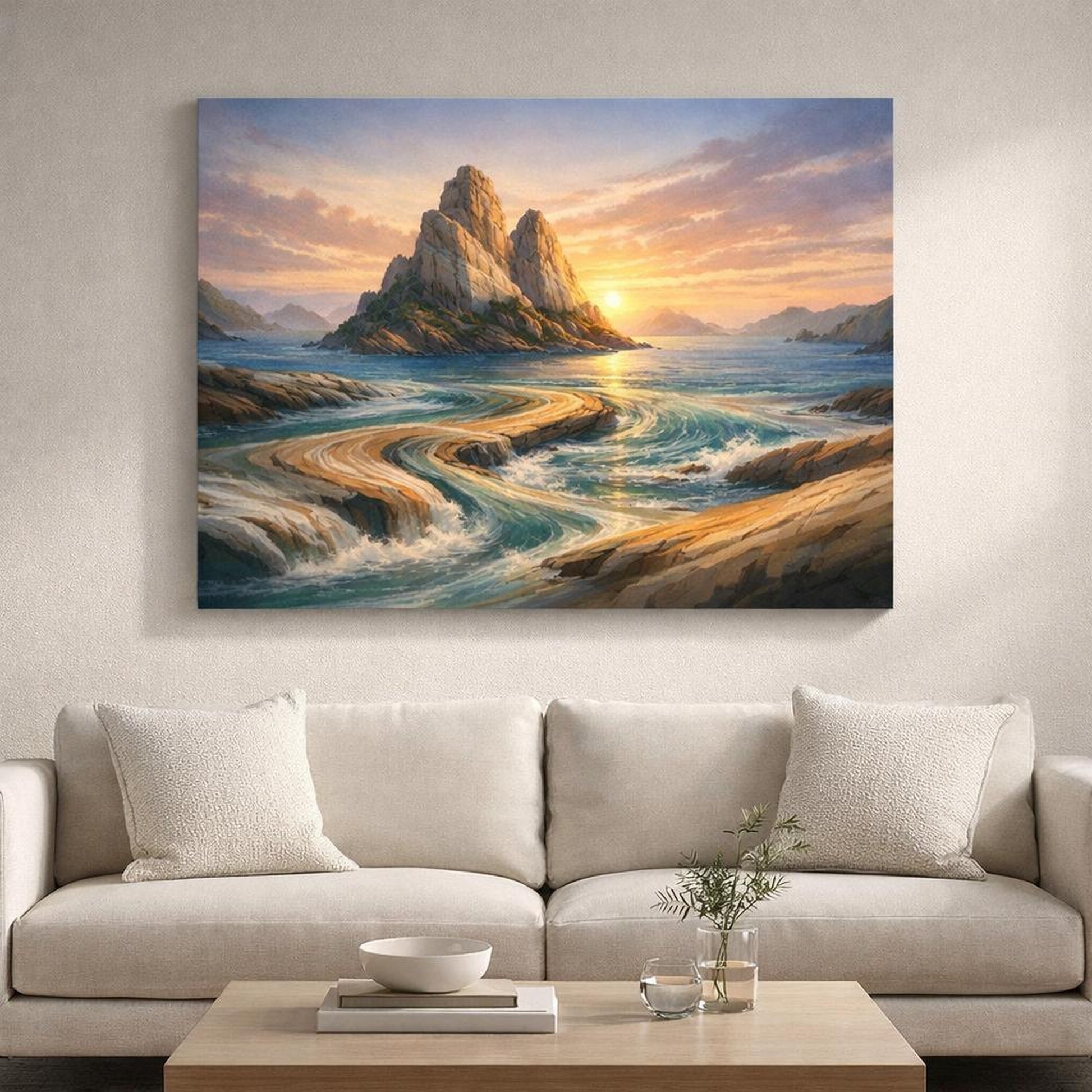 Mineral Flow Island Sunset shown as canvas wall art in a refined dining room