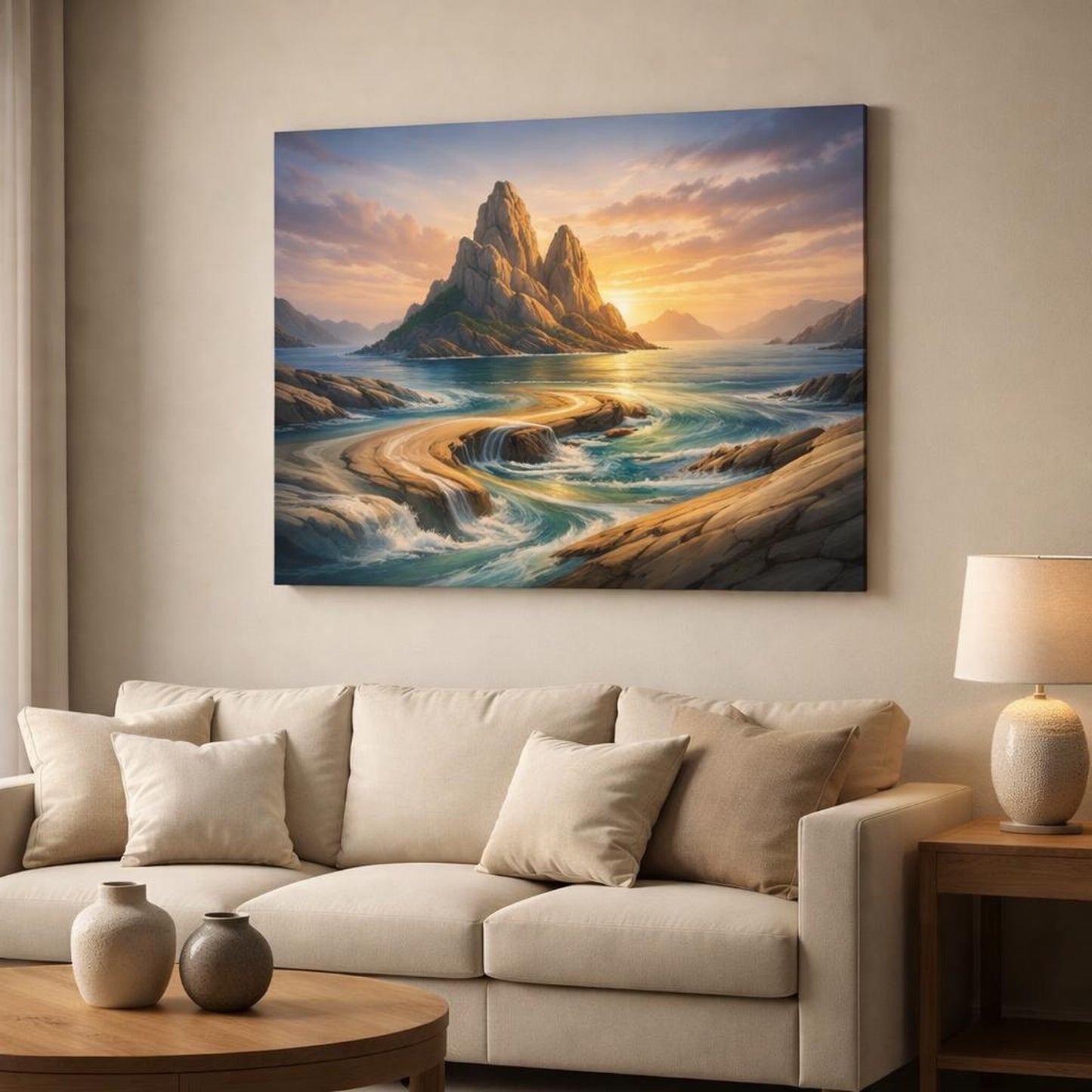 Mineral Flow Island Sunset shown as canvas wall art in a modern living room