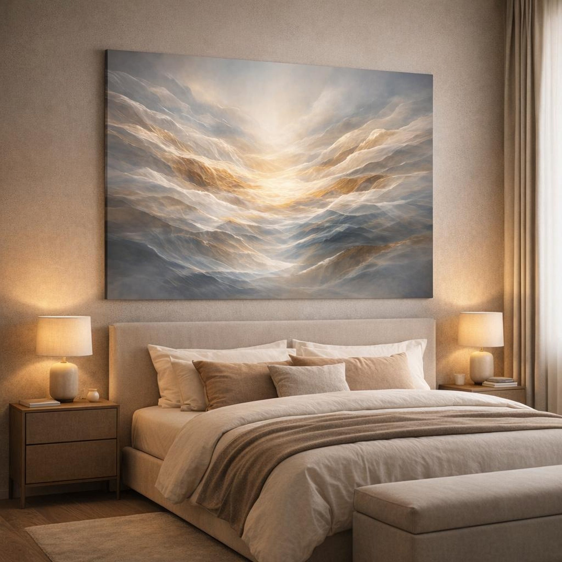Mineral Flow Light Shadow shown as canvas wall art in a luxury bedroom