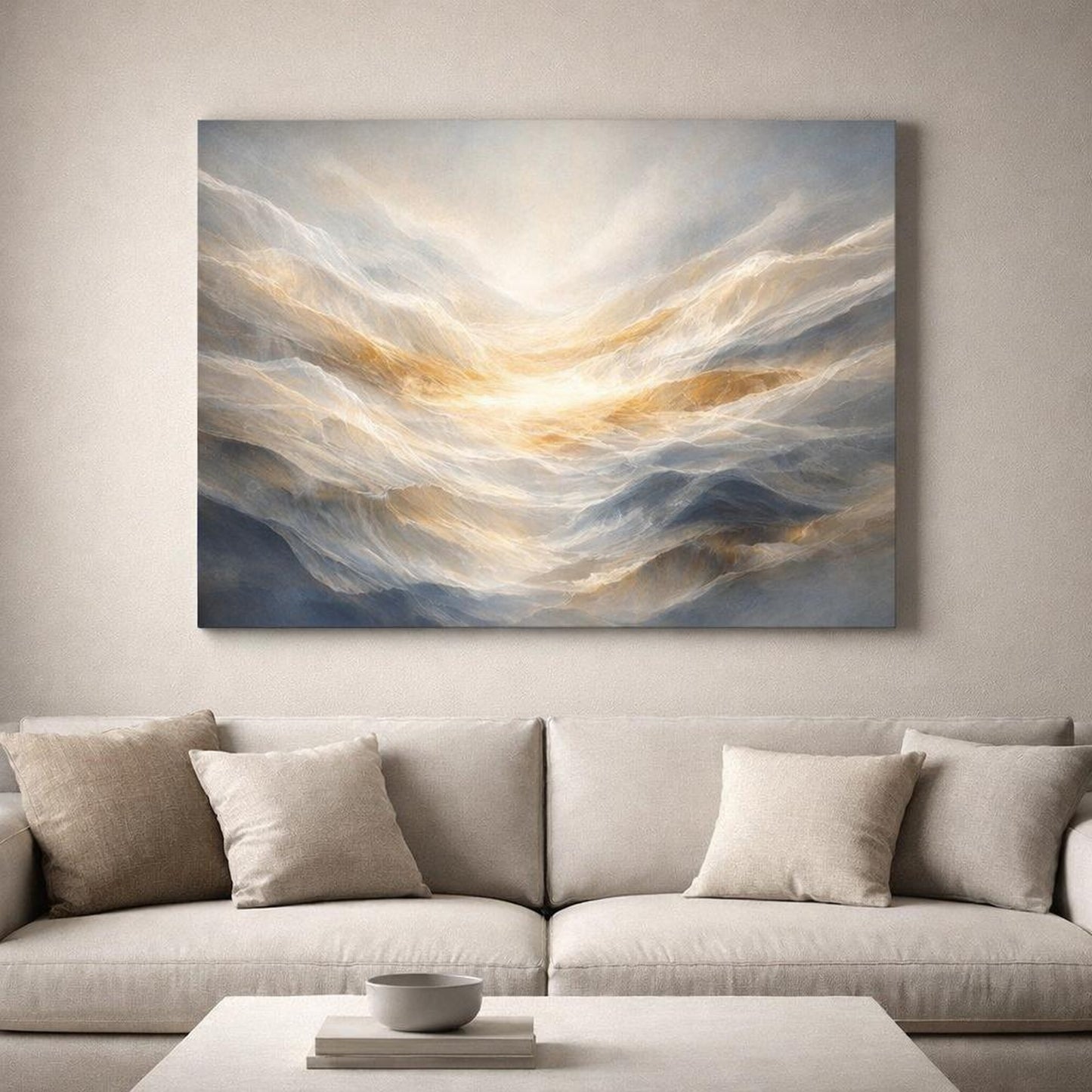Mineral Flow Light Shadow shown as canvas wall art in a refined dining room