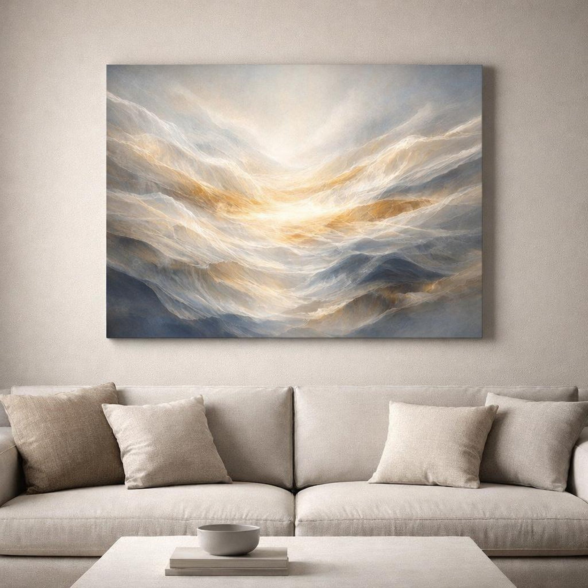 Mineral Flow Light Shadow shown as canvas wall art in a refined dining room