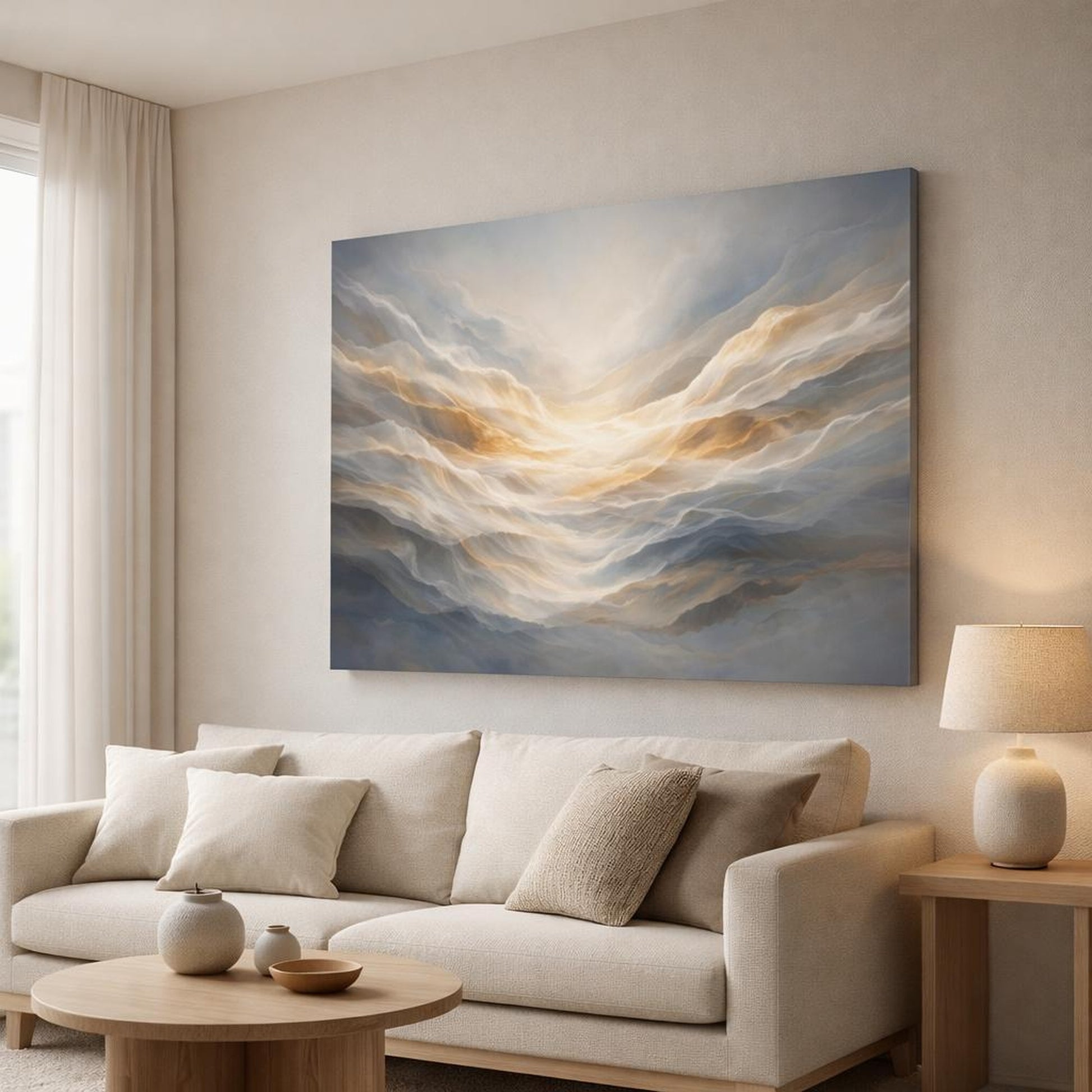 Mineral Flow Light Shadow shown as canvas wall art in a modern living room