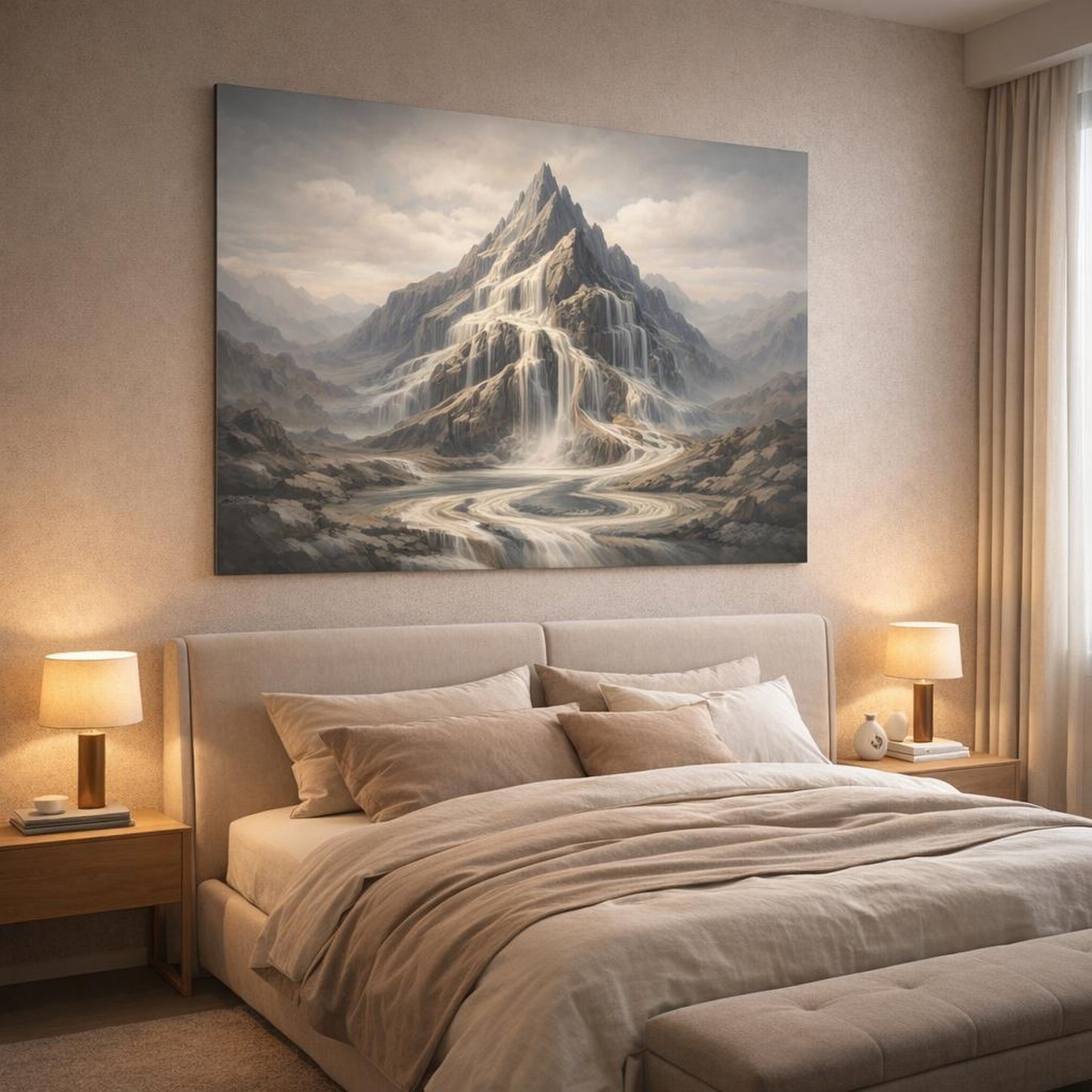 Mineral Flow Mountain Neutral shown as canvas wall art in a luxury bedroom