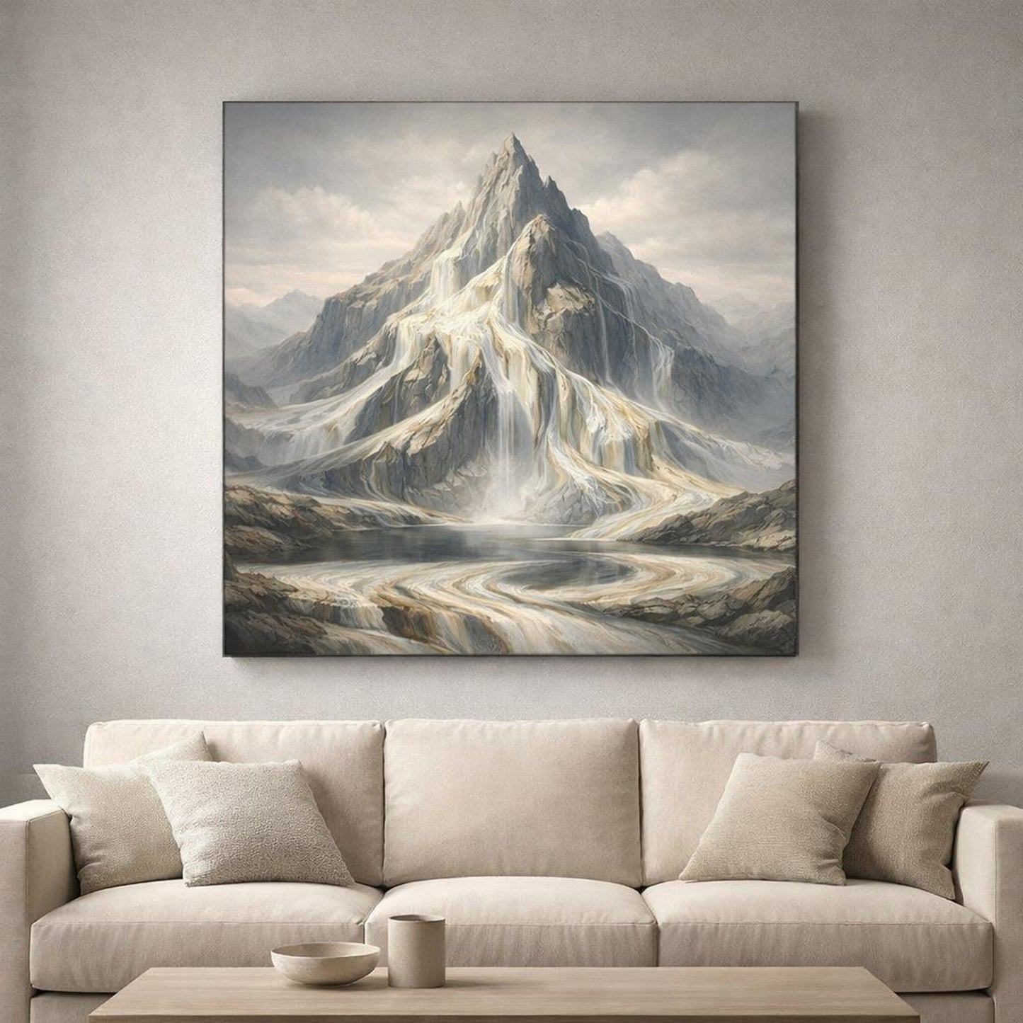 Mineral Flow Mountain Neutral shown as canvas wall art in a refined dining room