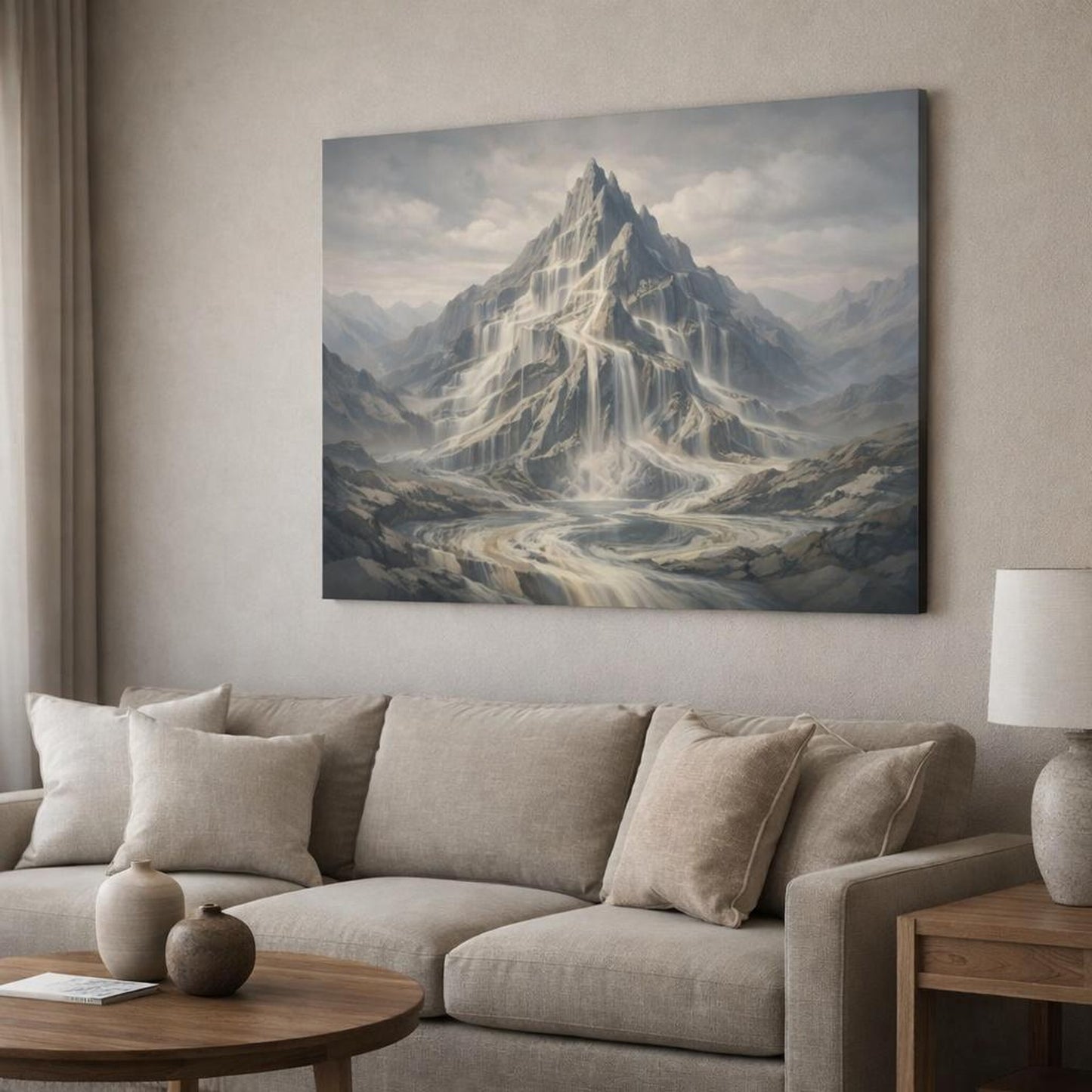 Mineral Flow Mountain Neutral shown as canvas wall art in a modern living room