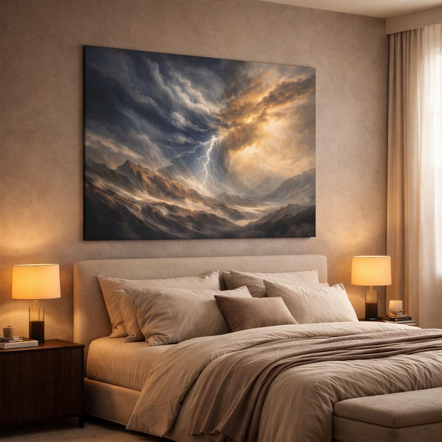 Mineral Flow Sky Storm shown as canvas wall art in a luxury bedroom