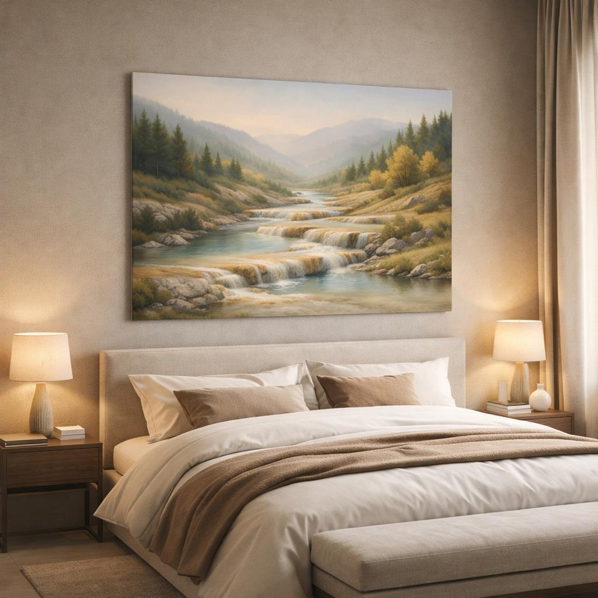 Mineral Flow Trees Hills shown as canvas wall art in a luxury bedroom