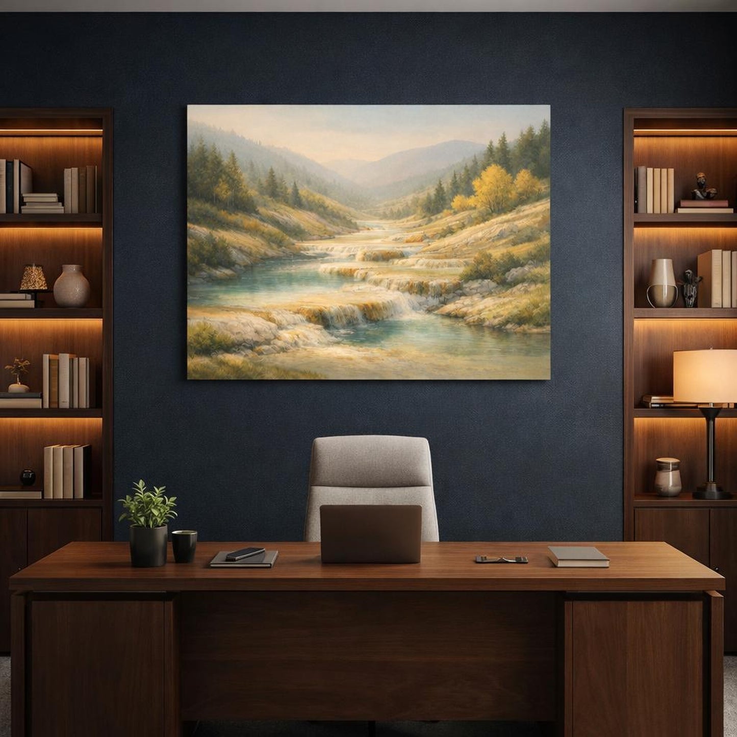 Mineral Flow Trees Hills shown as canvas wall art in a refined dining room
