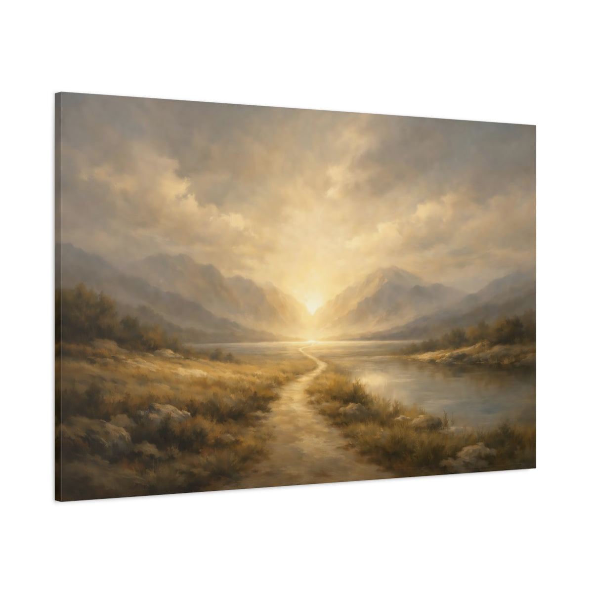 Main Mockup. Minimal Journey Into Light Dramatic Scene shown as stretched canvas wall art