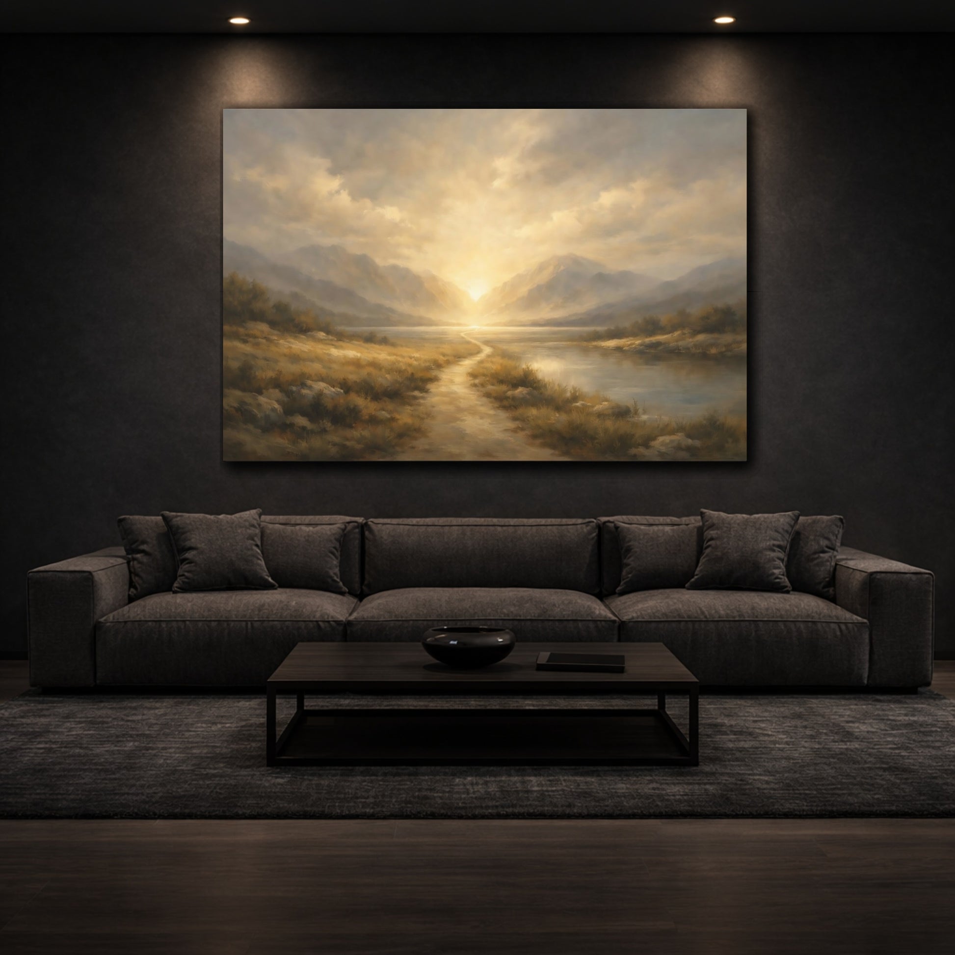 Mockup 2. Minimal Journey Into Light Dramatic Scene shown as stretched canvas wall art
