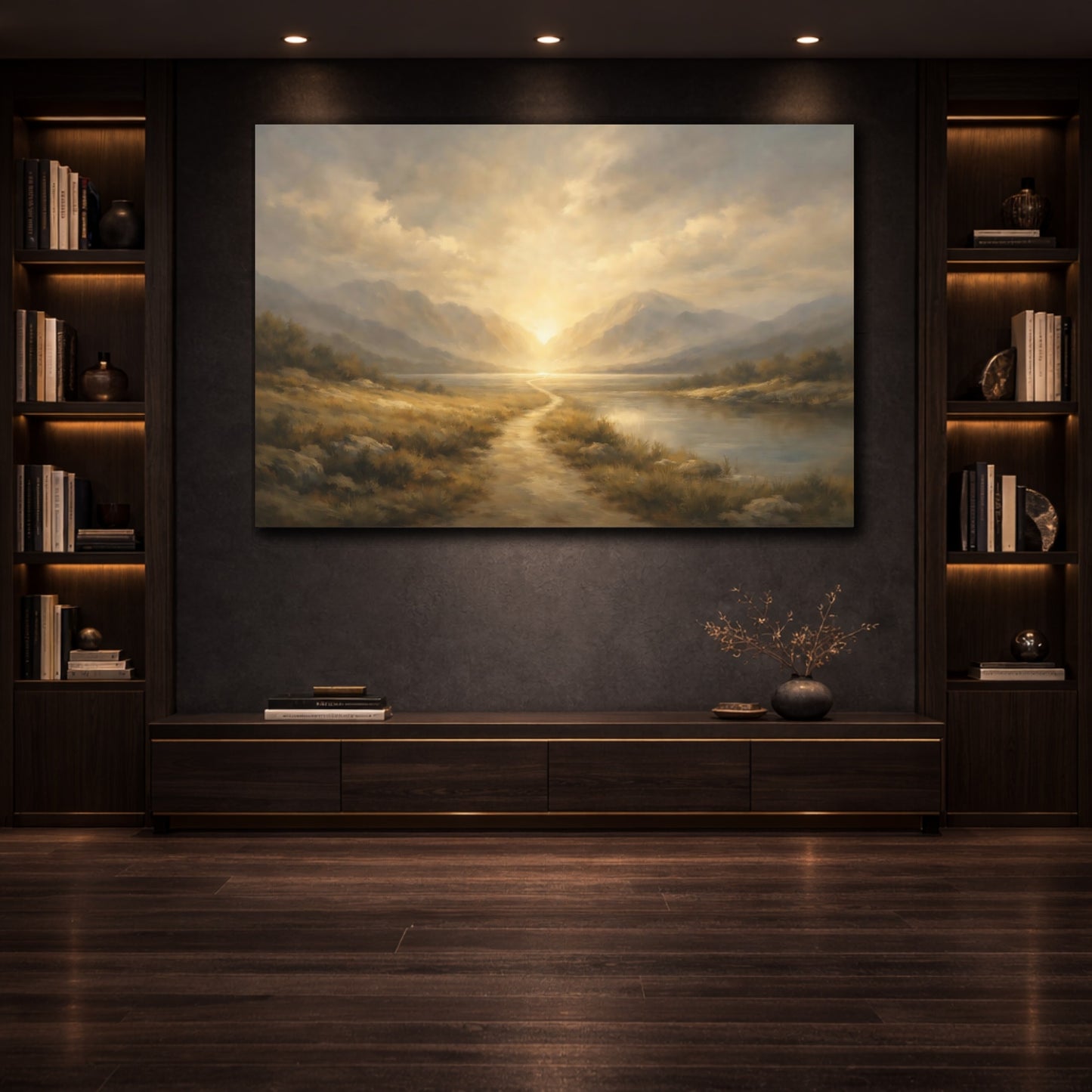 Mockup 3. Minimal Journey Into Light Dramatic Scene shown as stretched canvas wall art