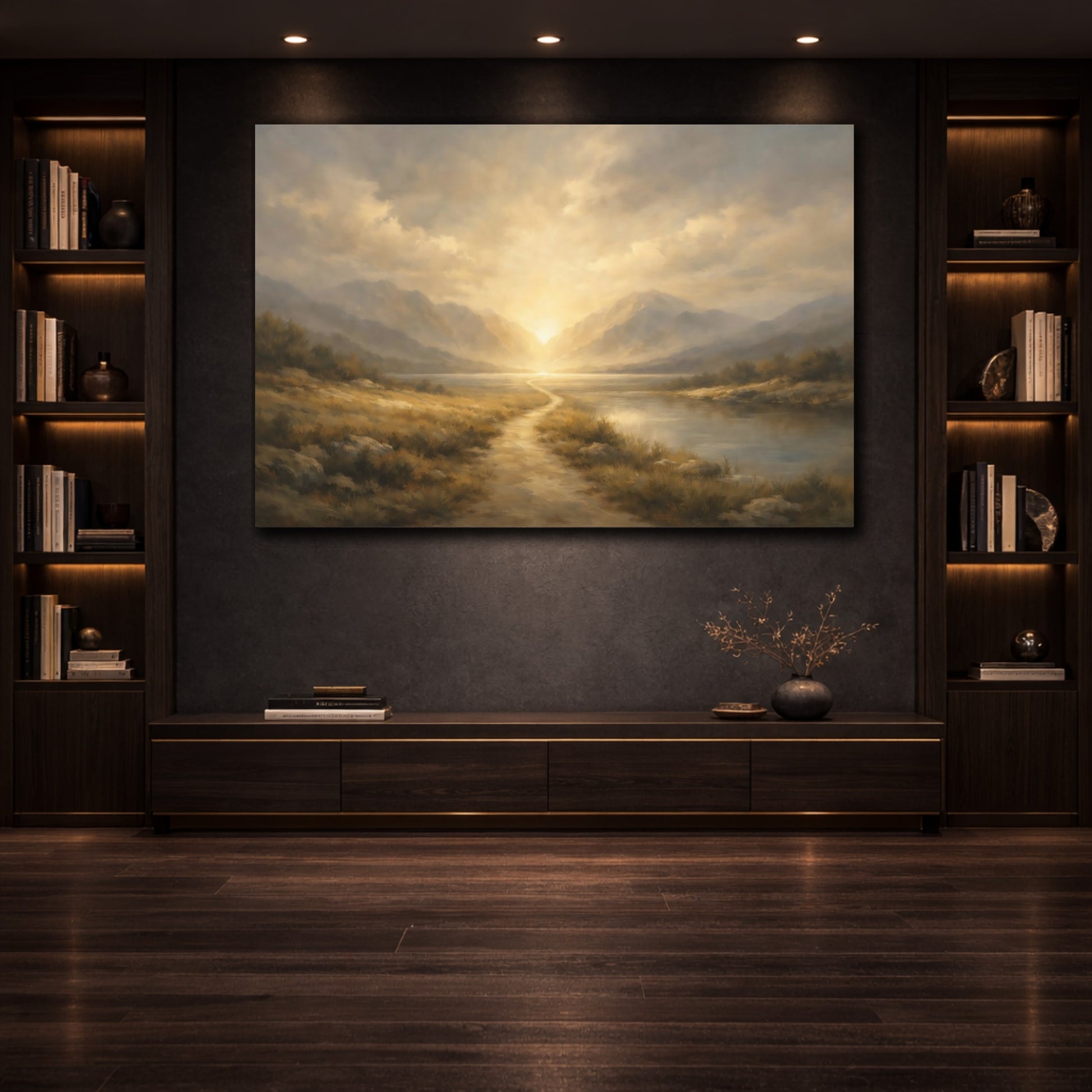Mockup 3. Minimal Journey Into Light Dramatic Scene shown as stretched canvas wall art