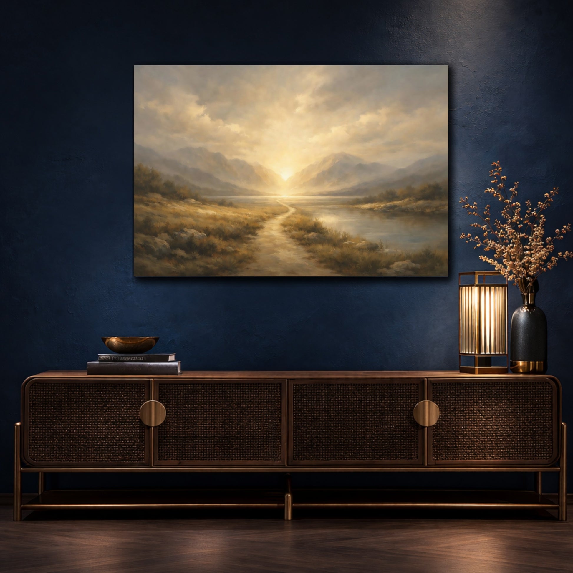 Mockup 4. Minimal Journey Into Light Dramatic Scene shown as stretched canvas wall art