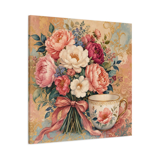 Main Mockup. Minimal Vintage Print Flower Bundle Beside Ceramic Cup shown as stretched canvas wall art