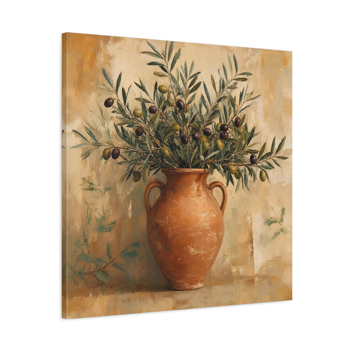 Side Mockup 3. Minimal Vintage Print Olive Branches In Terracotta Jar shown as stretched canvas wall art