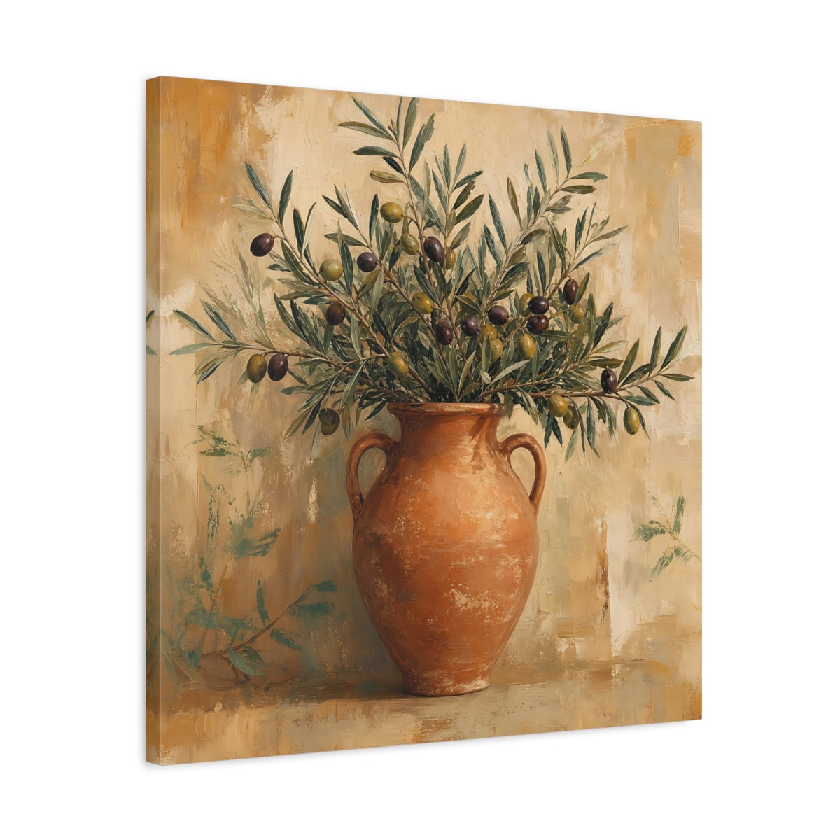Side Mockup 4. Minimal Vintage Print Olive Branches In Terracotta Jar shown as stretched canvas wall art