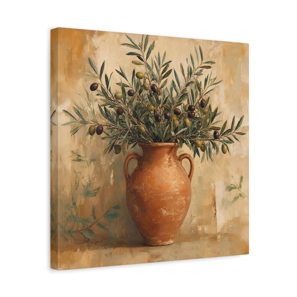 Side Mockup 6. Minimal Vintage Print Olive Branches In Terracotta Jar shown as stretched canvas wall art