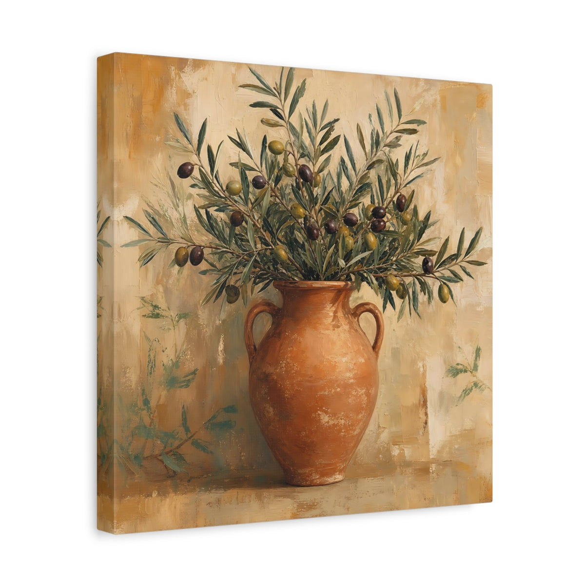 Side Mockup 7. Minimal Vintage Print Olive Branches In Terracotta Jar shown as stretched canvas wall art