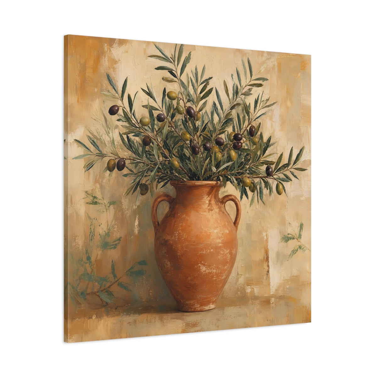 Side Mockup 1. Minimal Vintage Print Olive Branches In Terracotta Jar shown as stretched canvas wall art