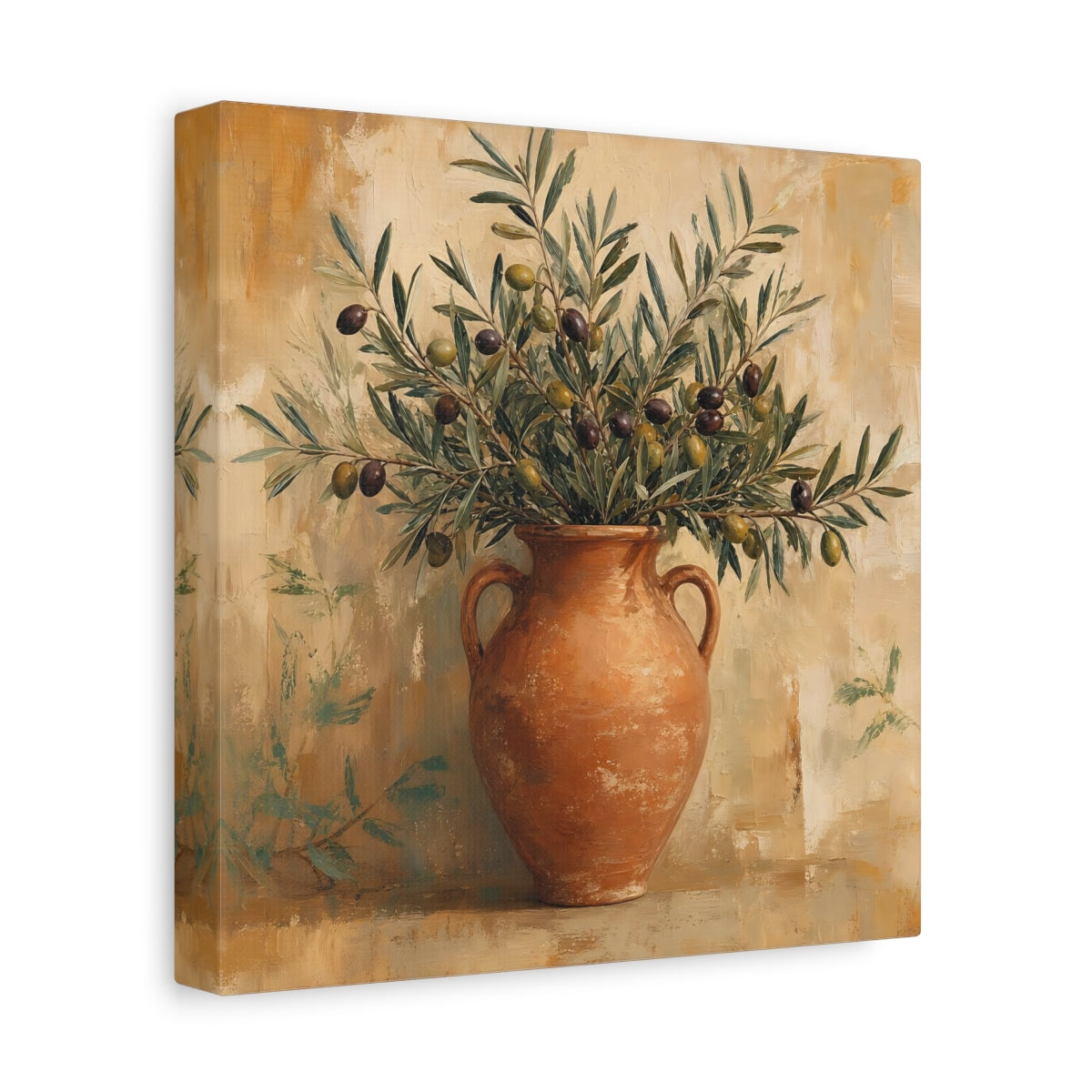 Side Mockup 9. Minimal Vintage Print Olive Branches In Terracotta Jar shown as stretched canvas wall art