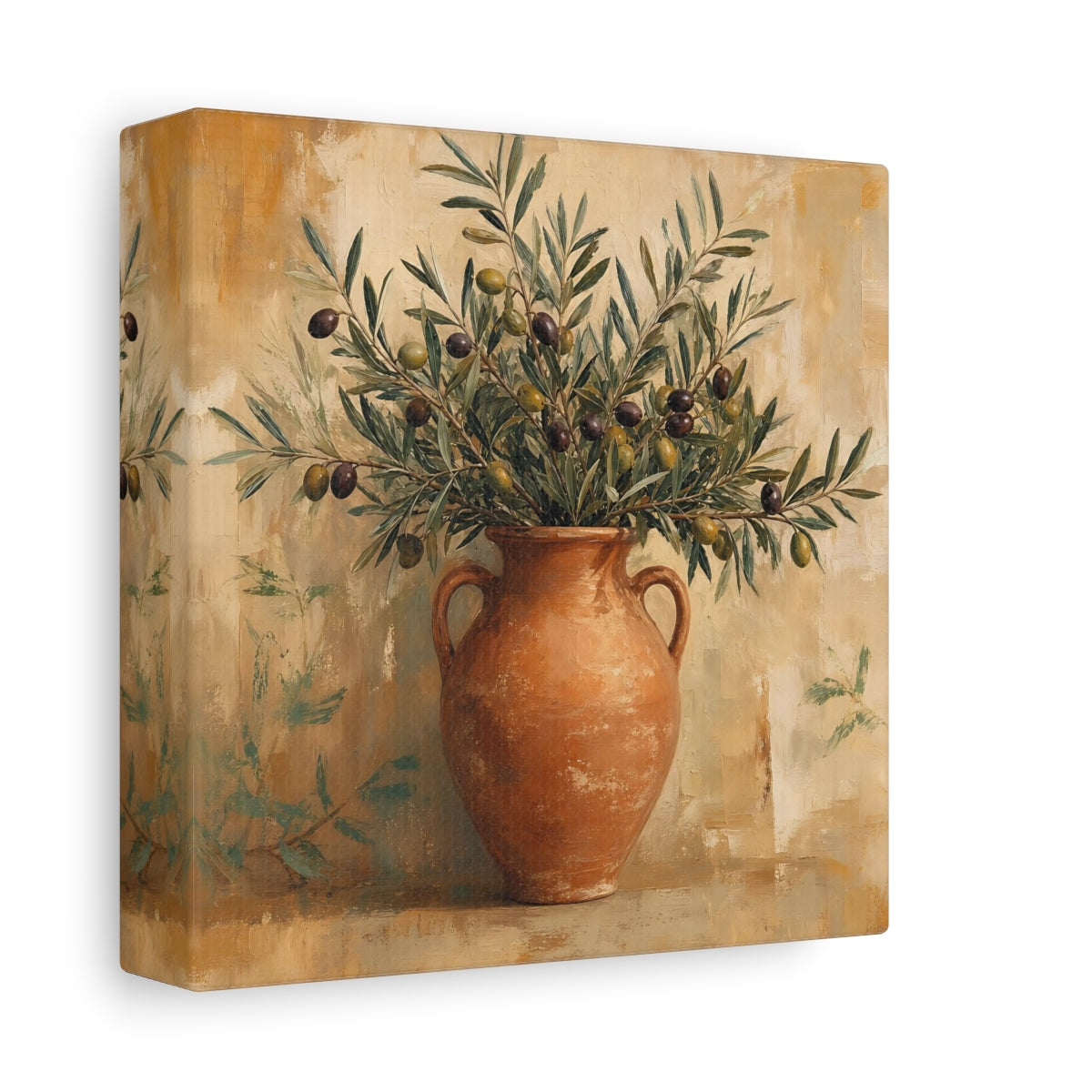 Side Mockup 2. Minimal Vintage Print Olive Branches In Terracotta Jar shown as stretched canvas wall art