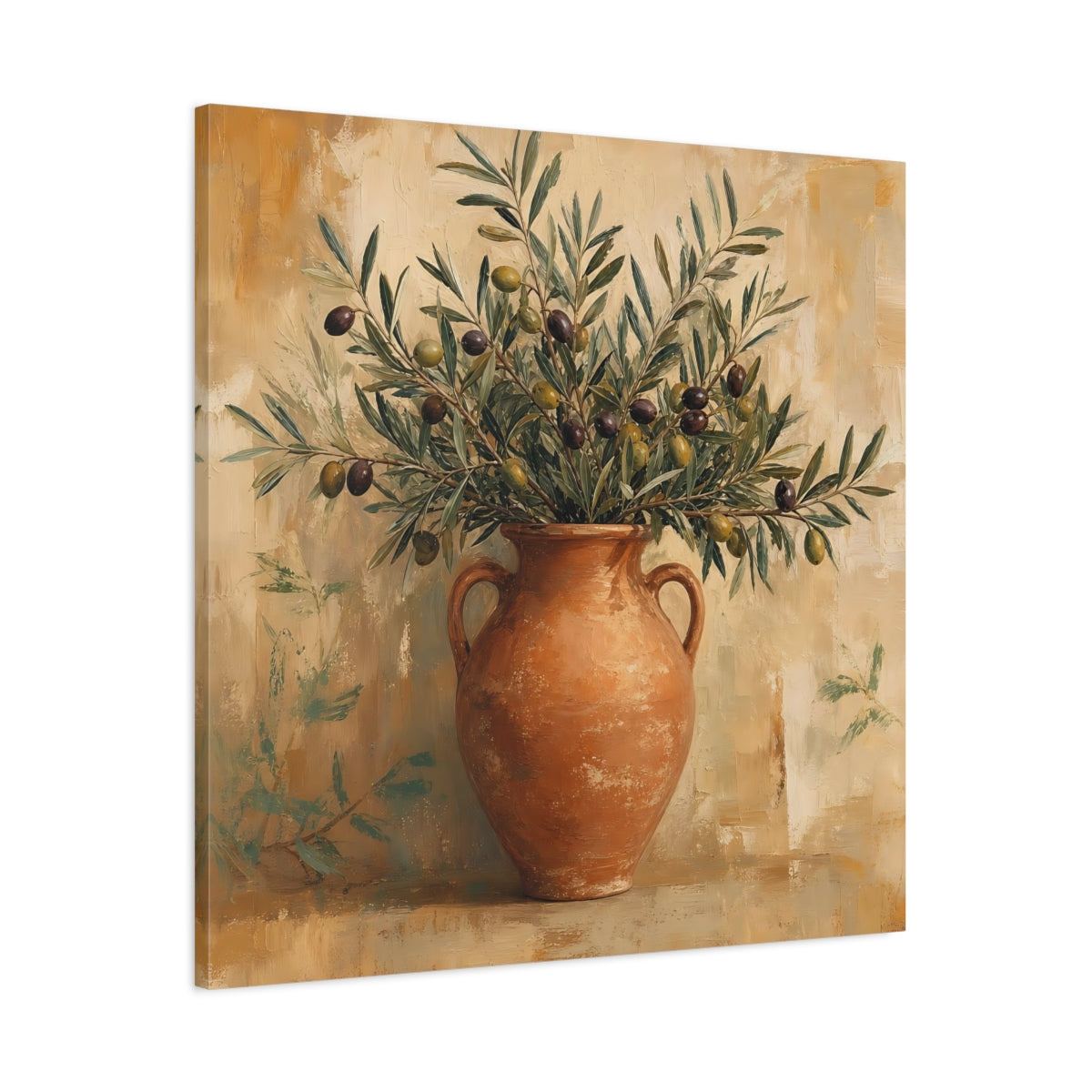 Main Mockup. Minimal Vintage Print Olive Branches In Terracotta Jar shown as stretched canvas wall art