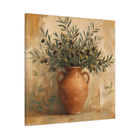 Main Mockup. Minimal Vintage Print Olive Branches In Terracotta Jar shown as stretched canvas wall art
