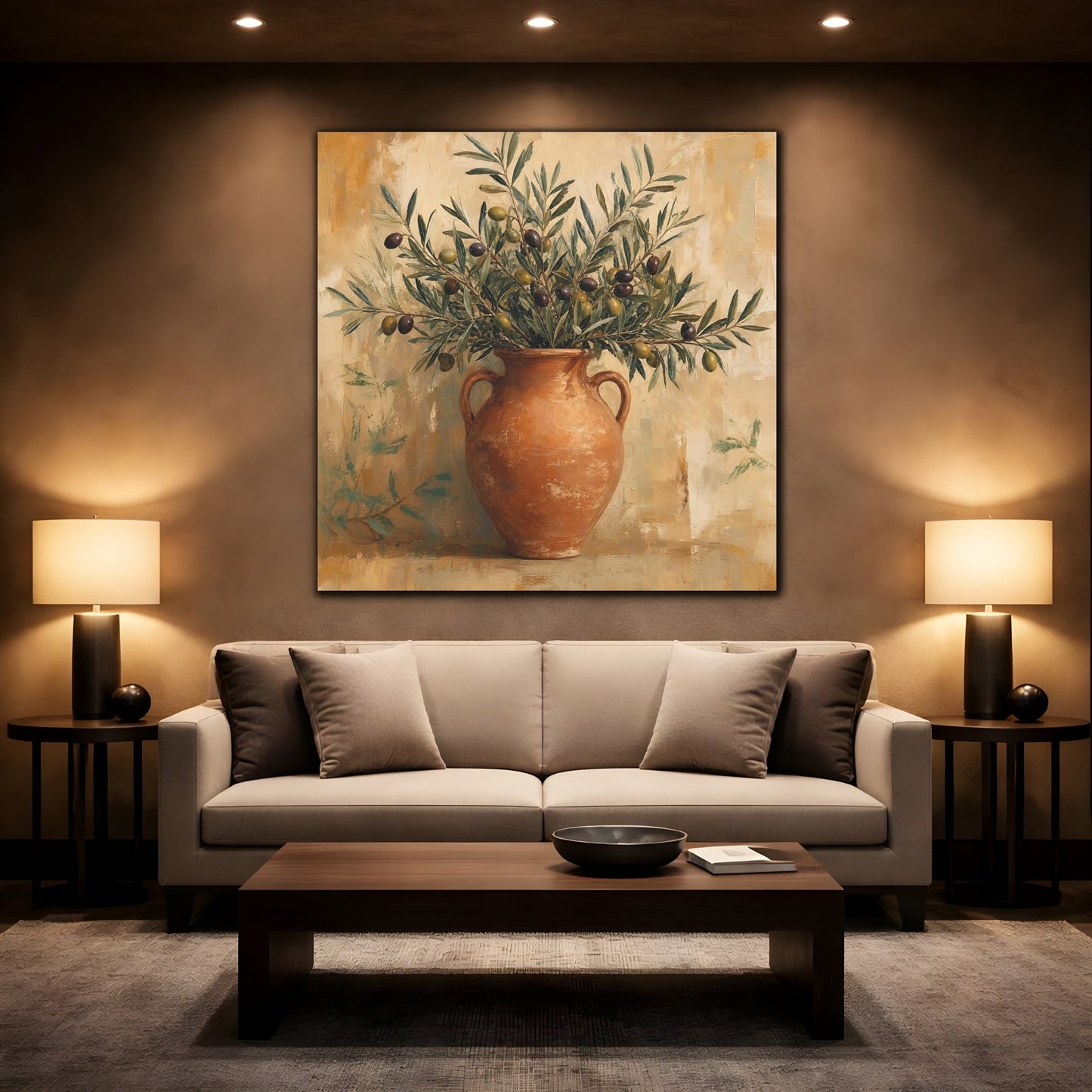 Mockup 2. Minimal Vintage Print Olive Branches In Terracotta Jar shown as stretched canvas wall art