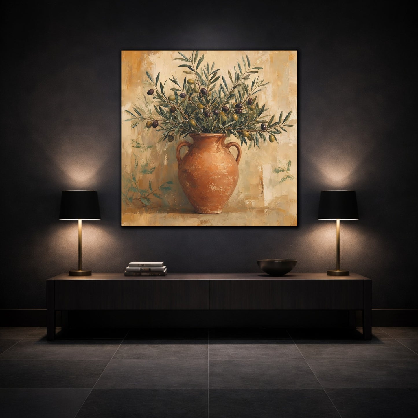 Mockup 3. Minimal Vintage Print Olive Branches In Terracotta Jar shown as stretched canvas wall art