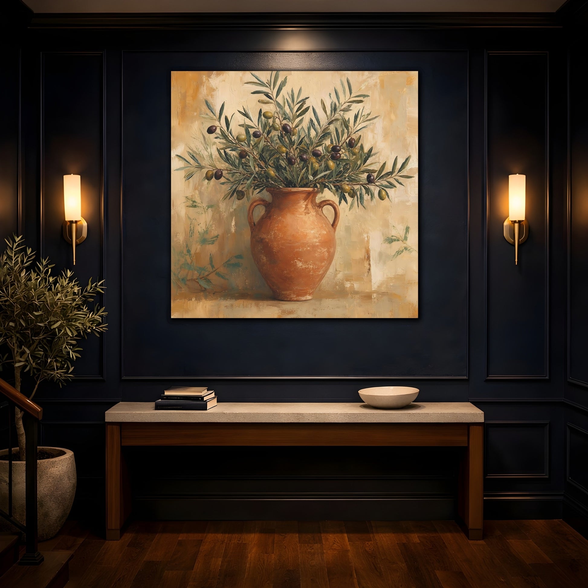 Mockup 4. Minimal Vintage Print Olive Branches In Terracotta Jar shown as stretched canvas wall art