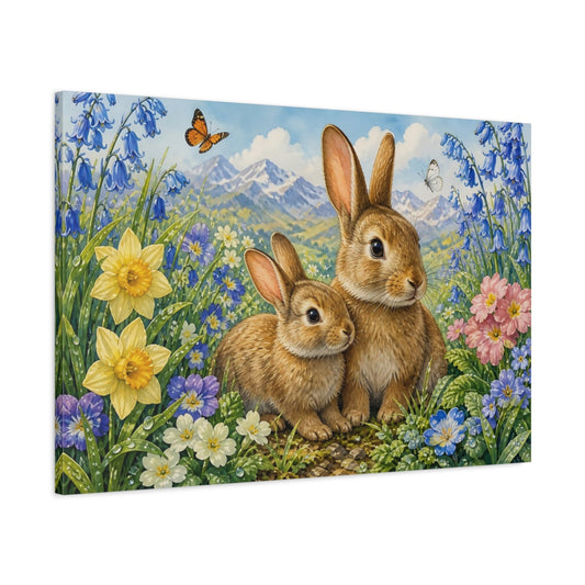 Main Mockup. Minimal Vintage Print Rabbit Pair Beside Spring Flowers In Dew shown as stretched canvas wall art
